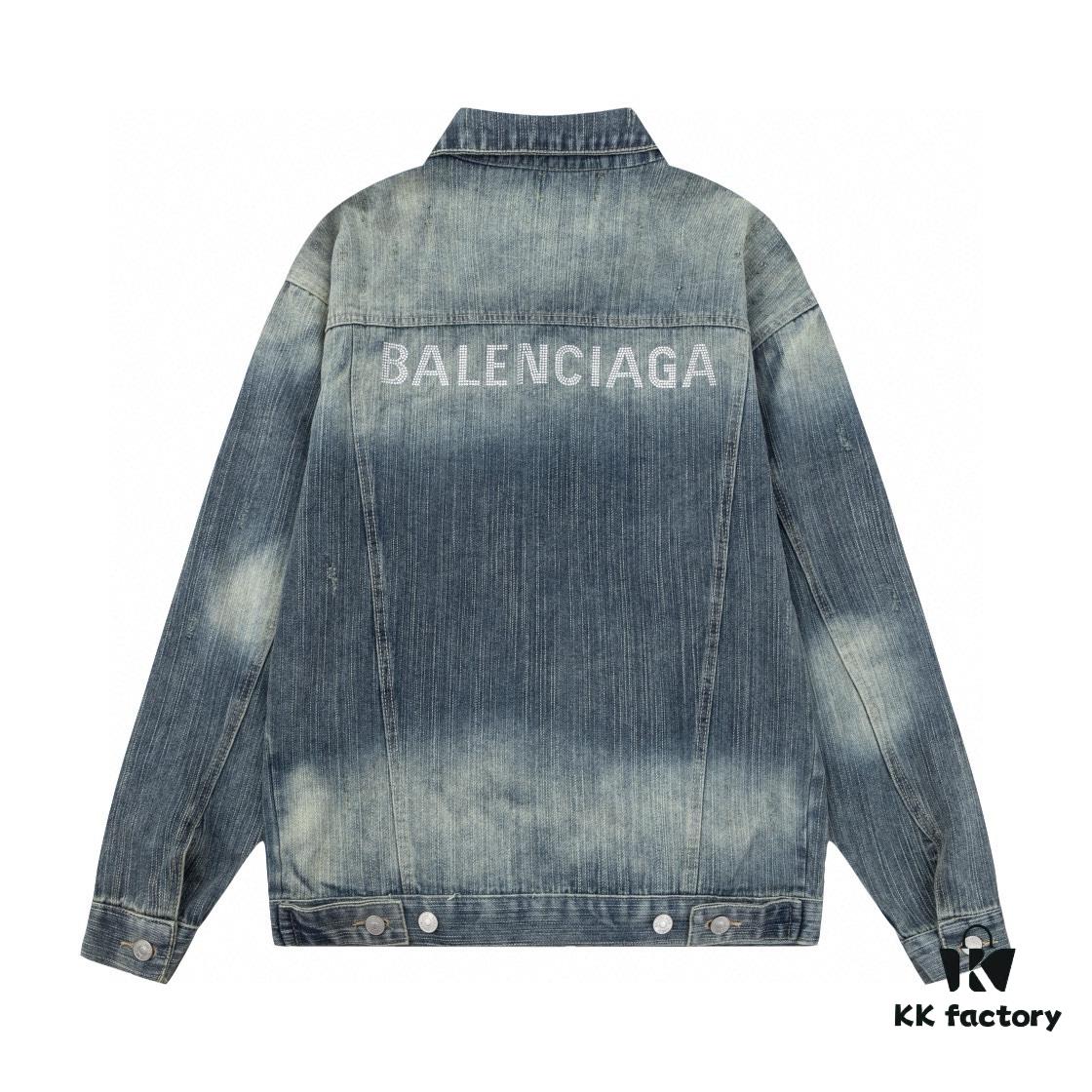 New Balenciaga-inspired Washed Vintage Denim Jacket with Back Rhinestone Lettering