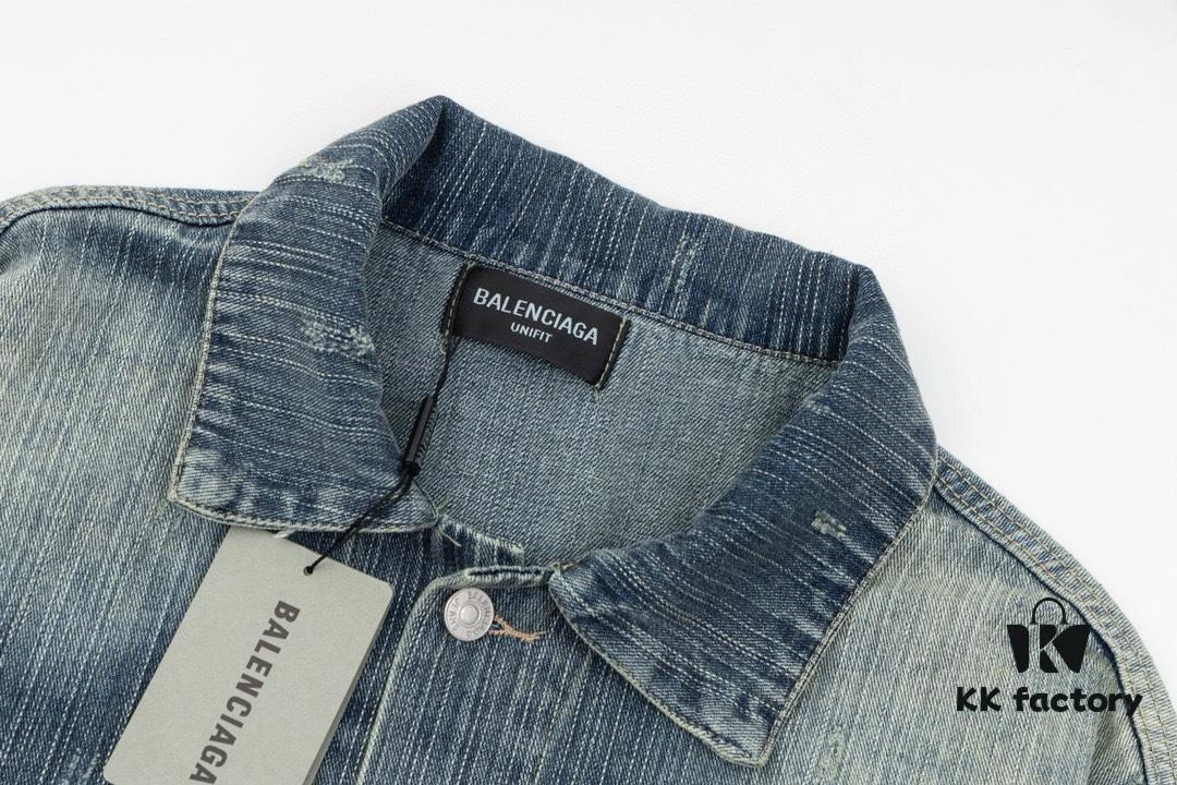 New Balenciaga-inspired Washed Vintage Denim Jacket with Back Rhinestone Lettering