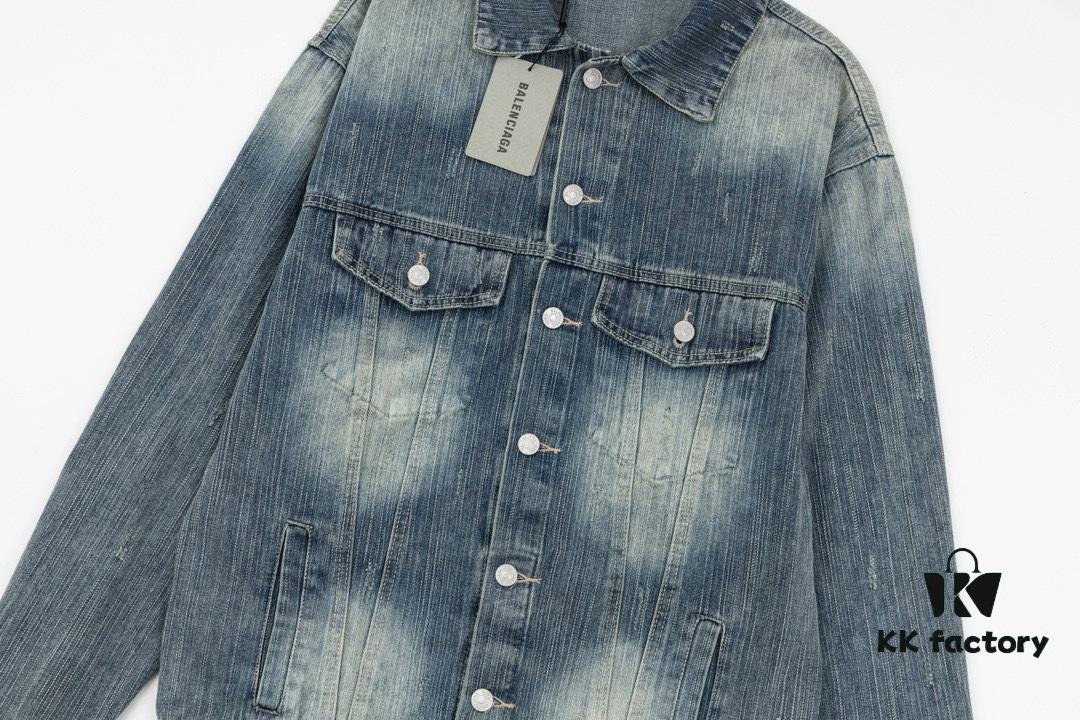 New Balenciaga-inspired Washed Vintage Denim Jacket with Back Rhinestone Lettering