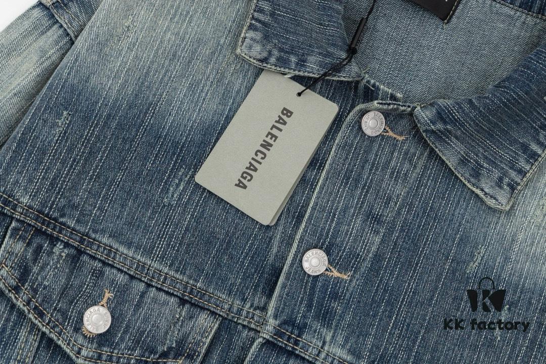New Balenciaga-inspired Washed Vintage Denim Jacket with Back Rhinestone Lettering