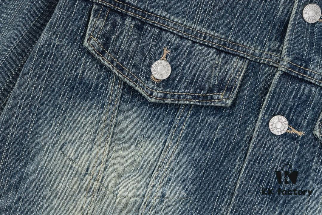 New Balenciaga-inspired Washed Vintage Denim Jacket with Back Rhinestone Lettering