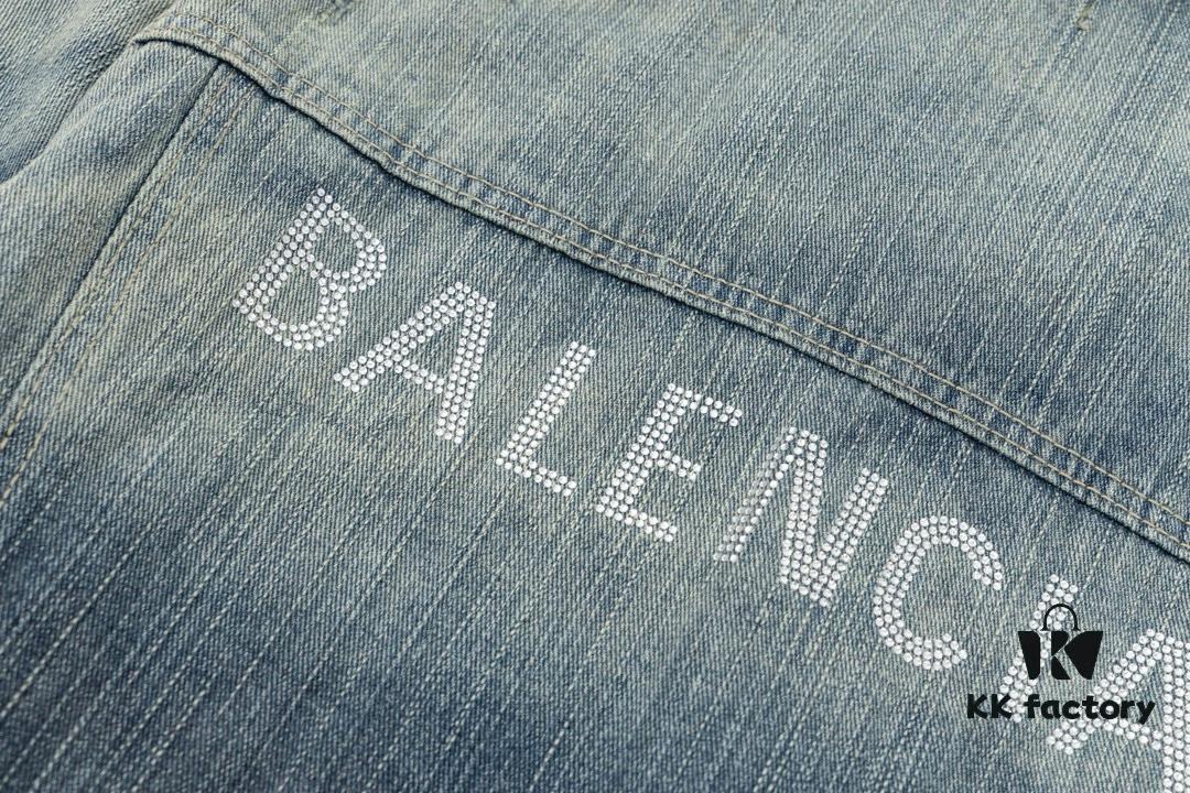 New Balenciaga-inspired Washed Vintage Denim Jacket with Back Rhinestone Lettering