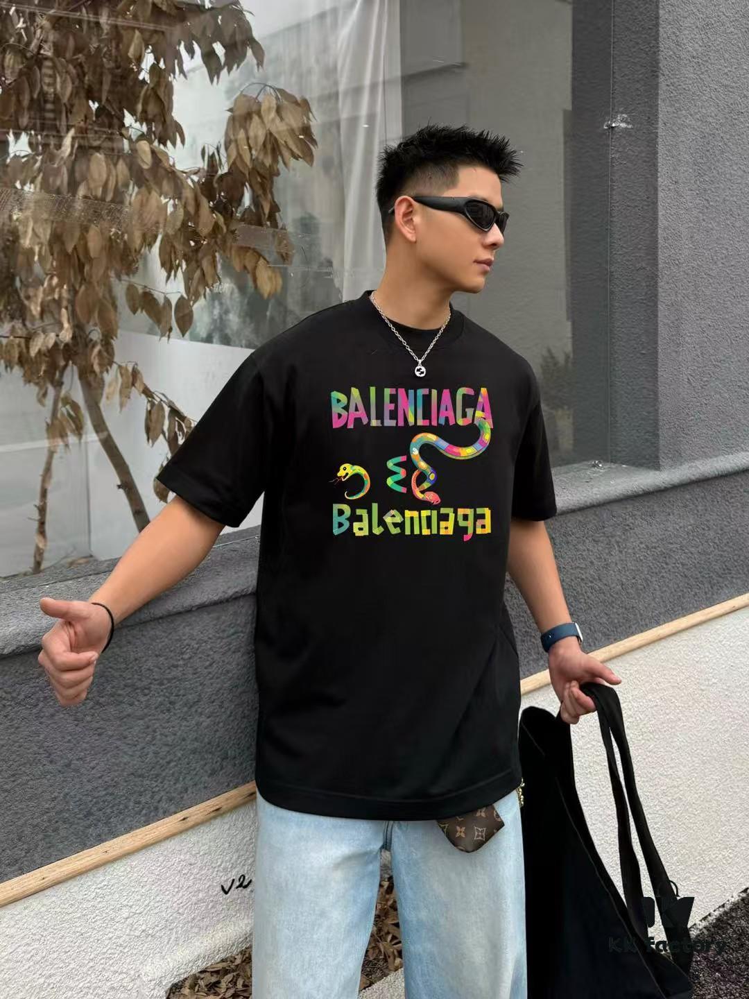 BALENCIAGA* Balenciaga* Loose Fit Printed Logo Short Sleeve T-Shirt for Spring and Summer, Stylish Crew Neck Unisex Cotton Tee