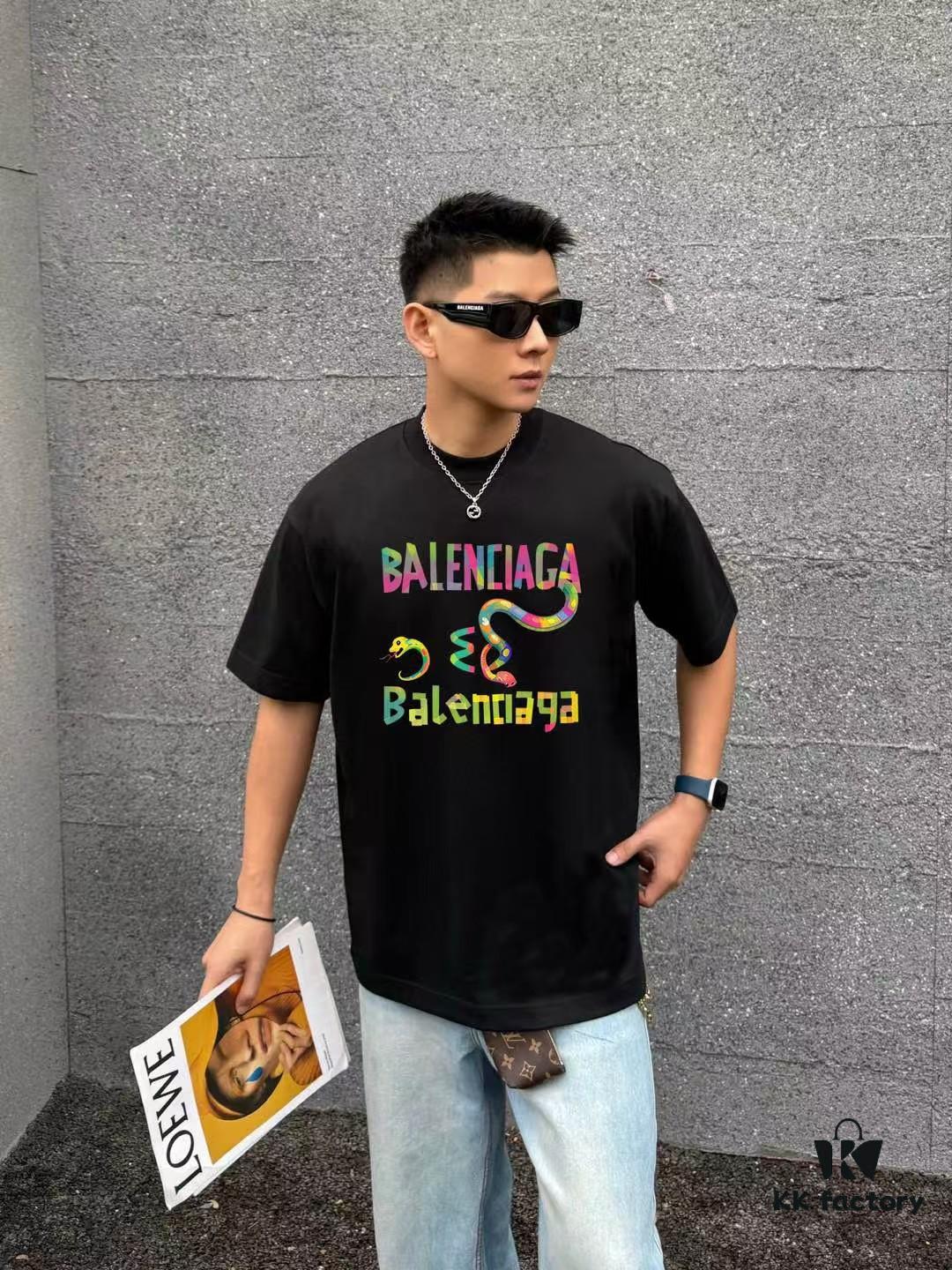 BALENCIAGA* Balenciaga* Loose Fit Printed Logo Short Sleeve T-Shirt for Spring and Summer, Stylish Crew Neck Unisex Cotton Tee