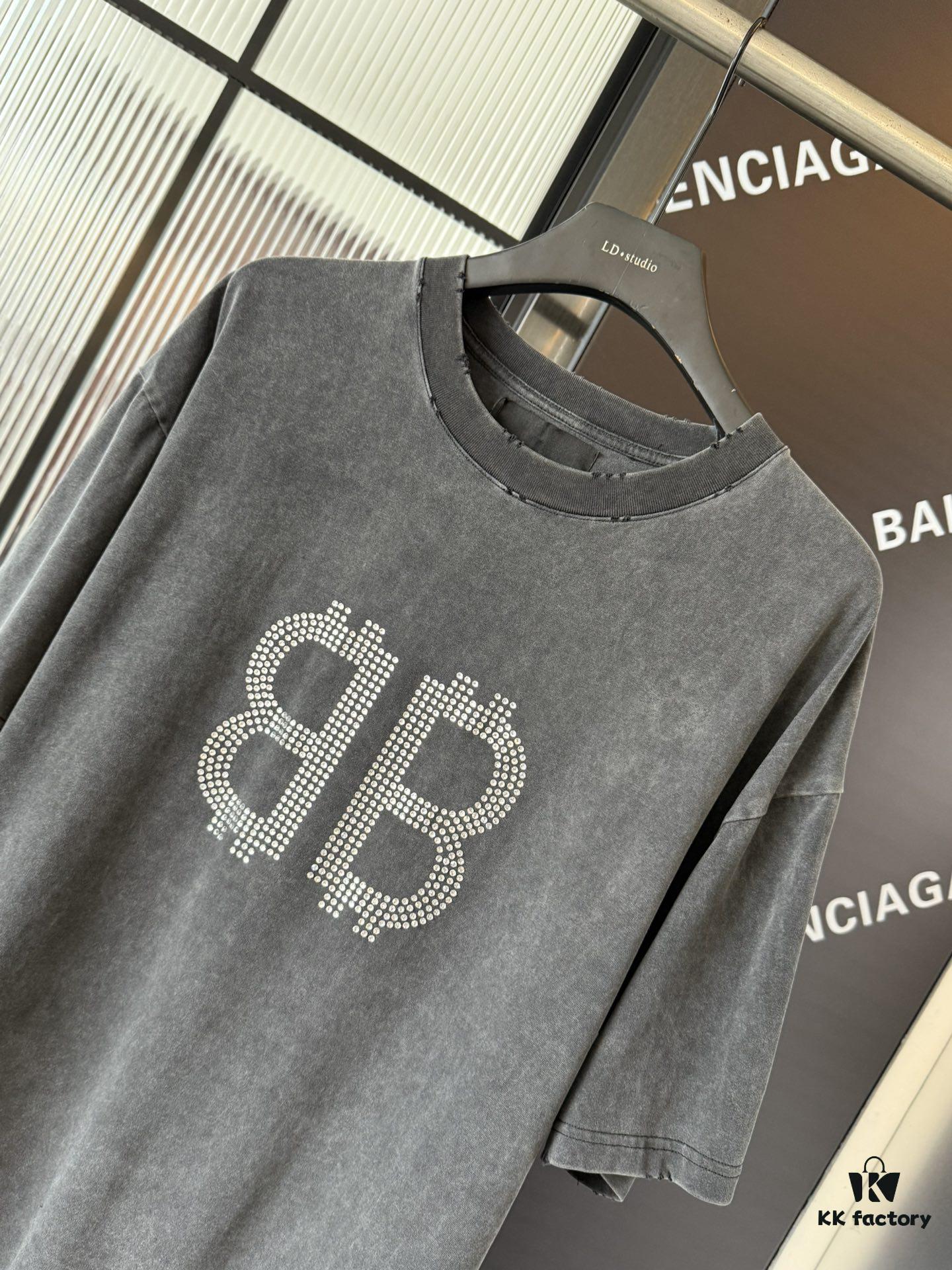 Balenciaga BB Logo Rhinestone Letter Distressed Washed T-Shirt, Premium Version (Different from Standard Stock), 250g Fabric, Multi-Tear and Ripped Wash Treatment, High-Brightness Imported Australian Rhinestones, Heat-Pressed for Durability, Loose Fit Unisex Short Sleeve Tee