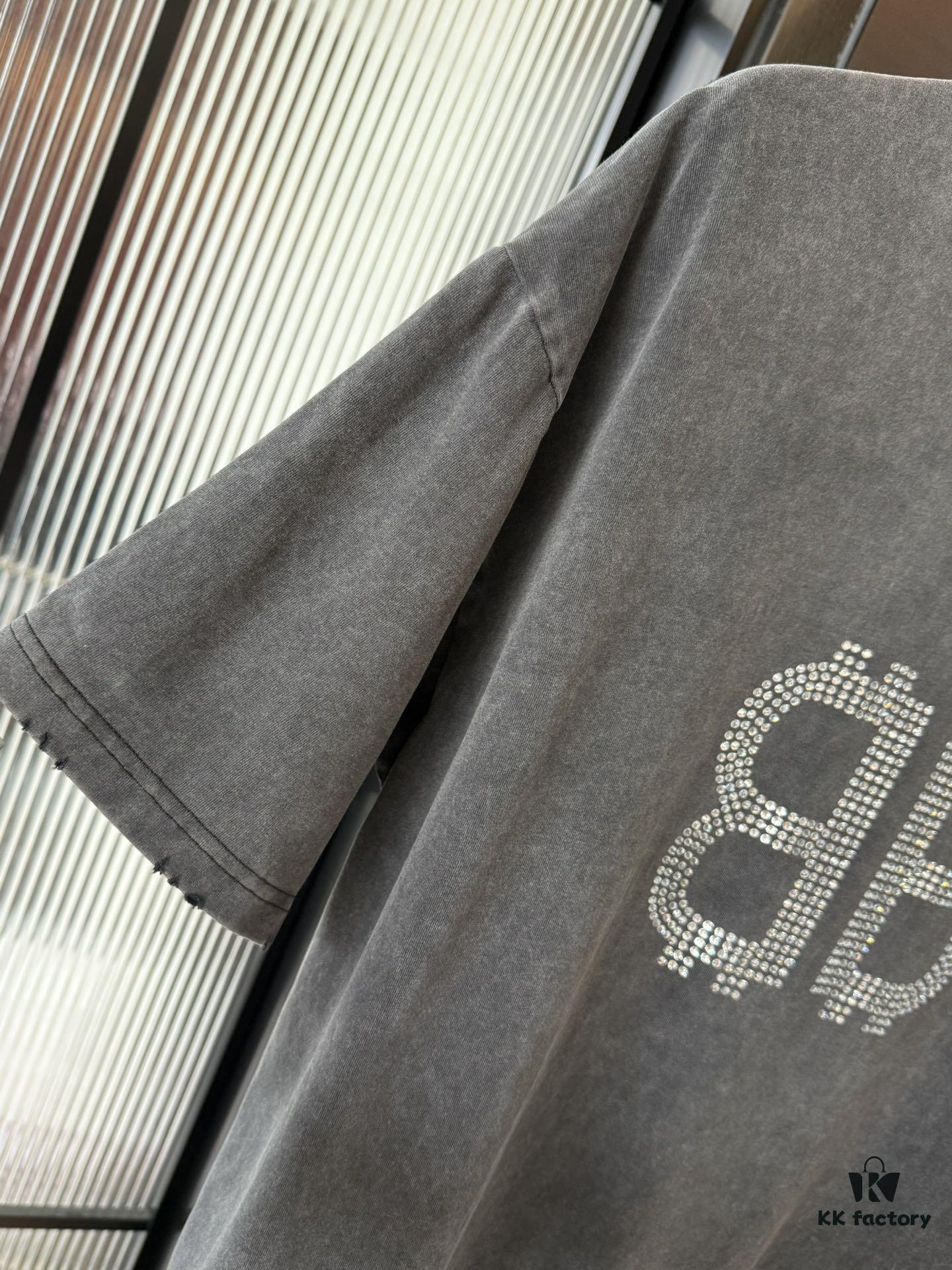 Balenciaga BB Logo Rhinestone Letter Distressed Washed T-Shirt, Premium Version (Different from Standard Stock), 250g Fabric, Multi-Tear and Ripped Wash Treatment, High-Brightness Imported Australian Rhinestones, Heat-Pressed for Durability, Loose Fit Unisex Short Sleeve Tee