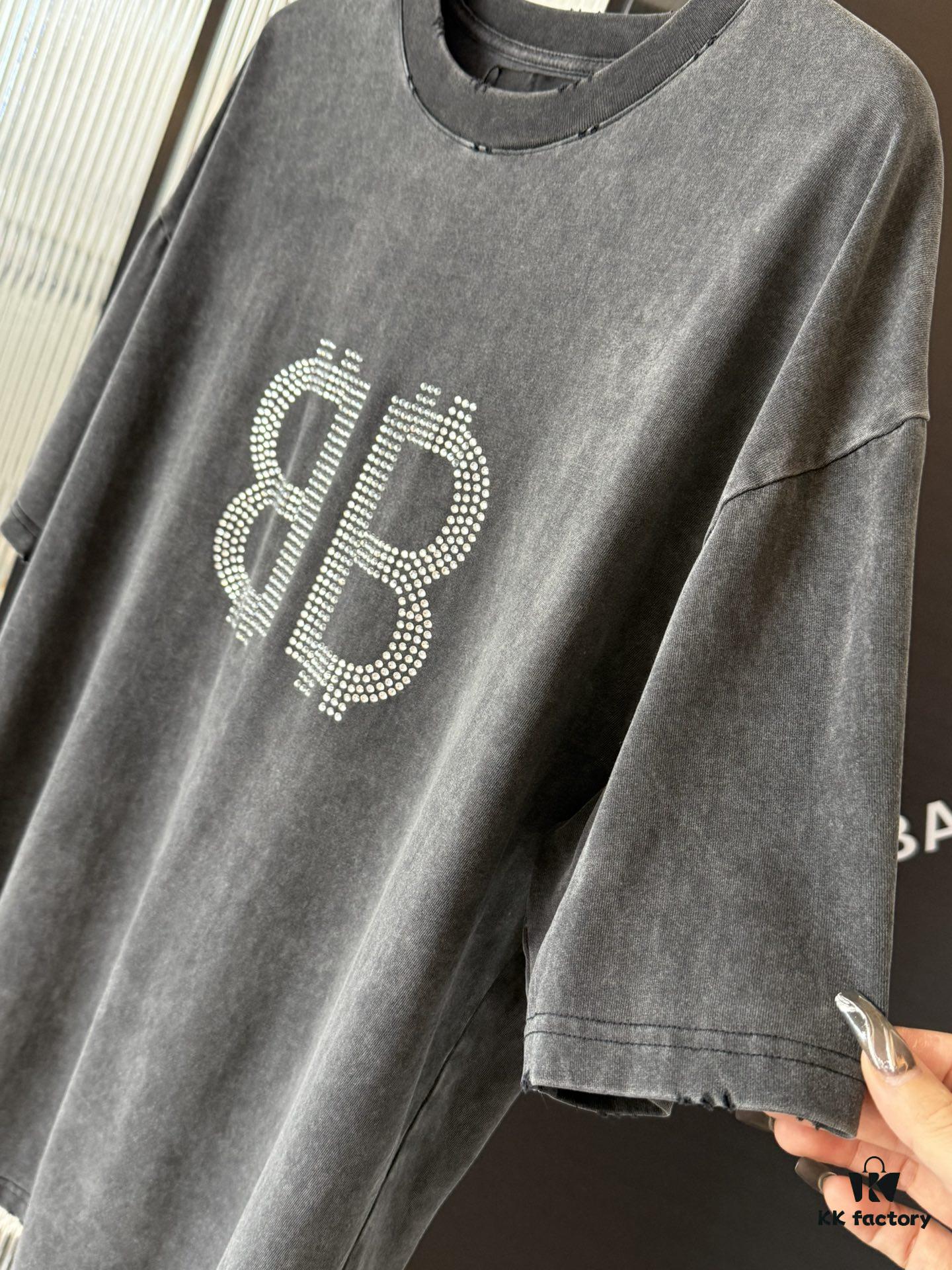 Balenciaga BB Logo Rhinestone Letter Distressed Washed T-Shirt, Premium Version (Different from Standard Stock), 250g Fabric, Multi-Tear and Ripped Wash Treatment, High-Brightness Imported Australian Rhinestones, Heat-Pressed for Durability, Loose Fit Unisex Short Sleeve Tee