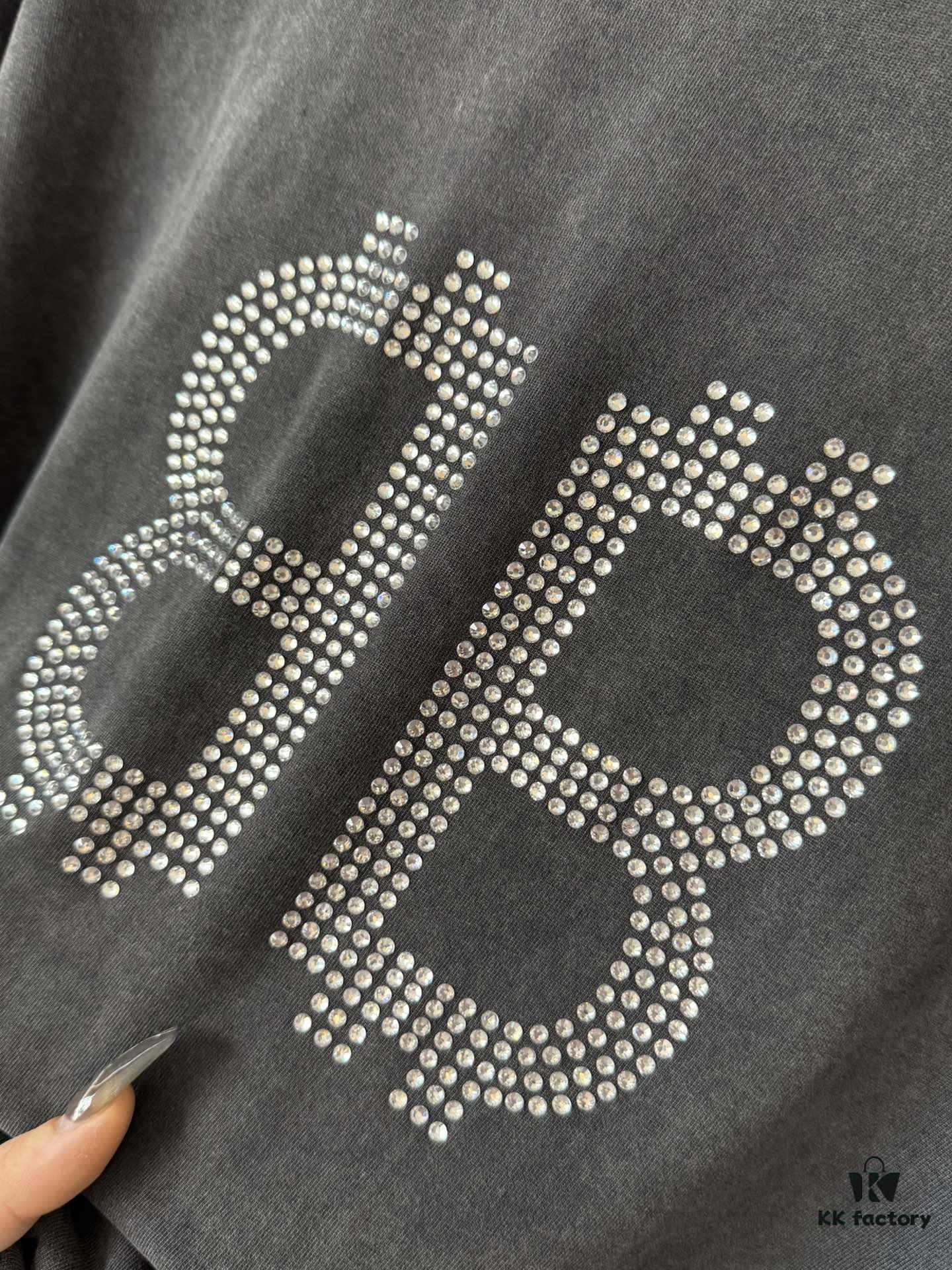 Balenciaga BB Logo Rhinestone Letter Distressed Washed T-Shirt, Premium Version (Different from Standard Stock), 250g Fabric, Multi-Tear and Ripped Wash Treatment, High-Brightness Imported Australian Rhinestones, Heat-Pressed for Durability, Loose Fit Unisex Short Sleeve Tee