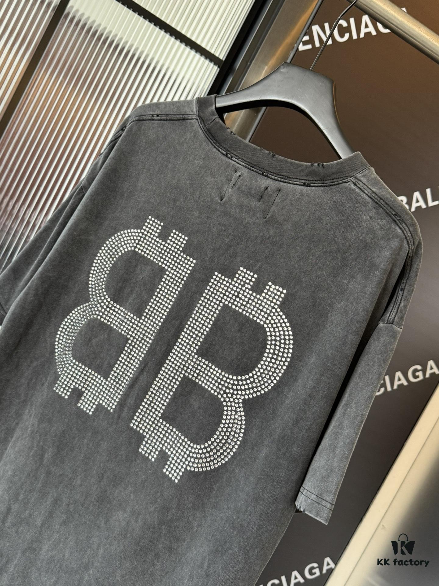 Balenciaga BB Logo Rhinestone Letter Distressed Washed T-Shirt, Premium Version (Different from Standard Stock), 250g Fabric, Multi-Tear and Ripped Wash Treatment, High-Brightness Imported Australian Rhinestones, Heat-Pressed for Durability, Loose Fit Unisex Short Sleeve Tee