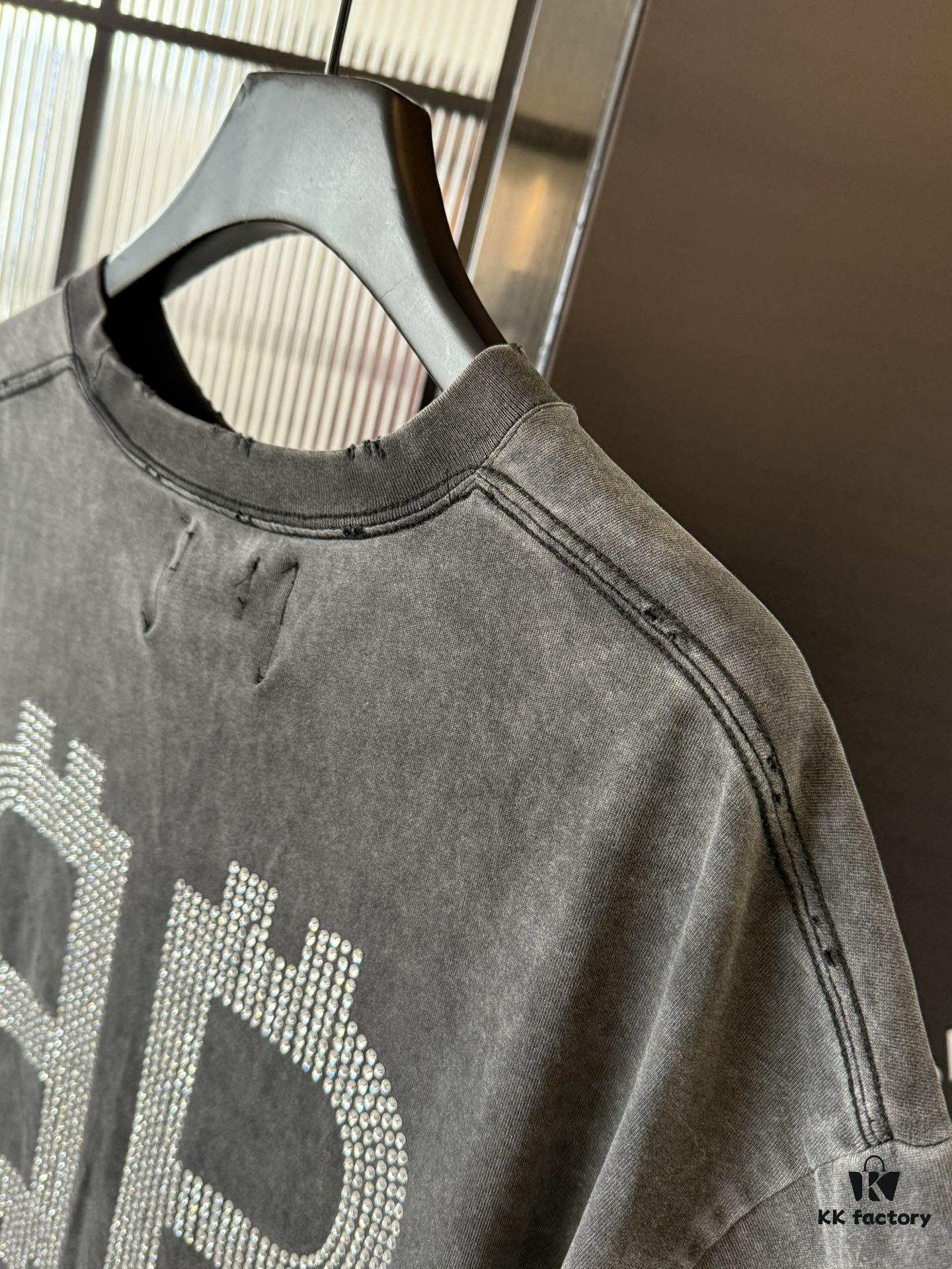 Balenciaga BB Logo Rhinestone Letter Distressed Washed T-Shirt, Premium Version (Different from Standard Stock), 250g Fabric, Multi-Tear and Ripped Wash Treatment, High-Brightness Imported Australian Rhinestones, Heat-Pressed for Durability, Loose Fit Unisex Short Sleeve Tee