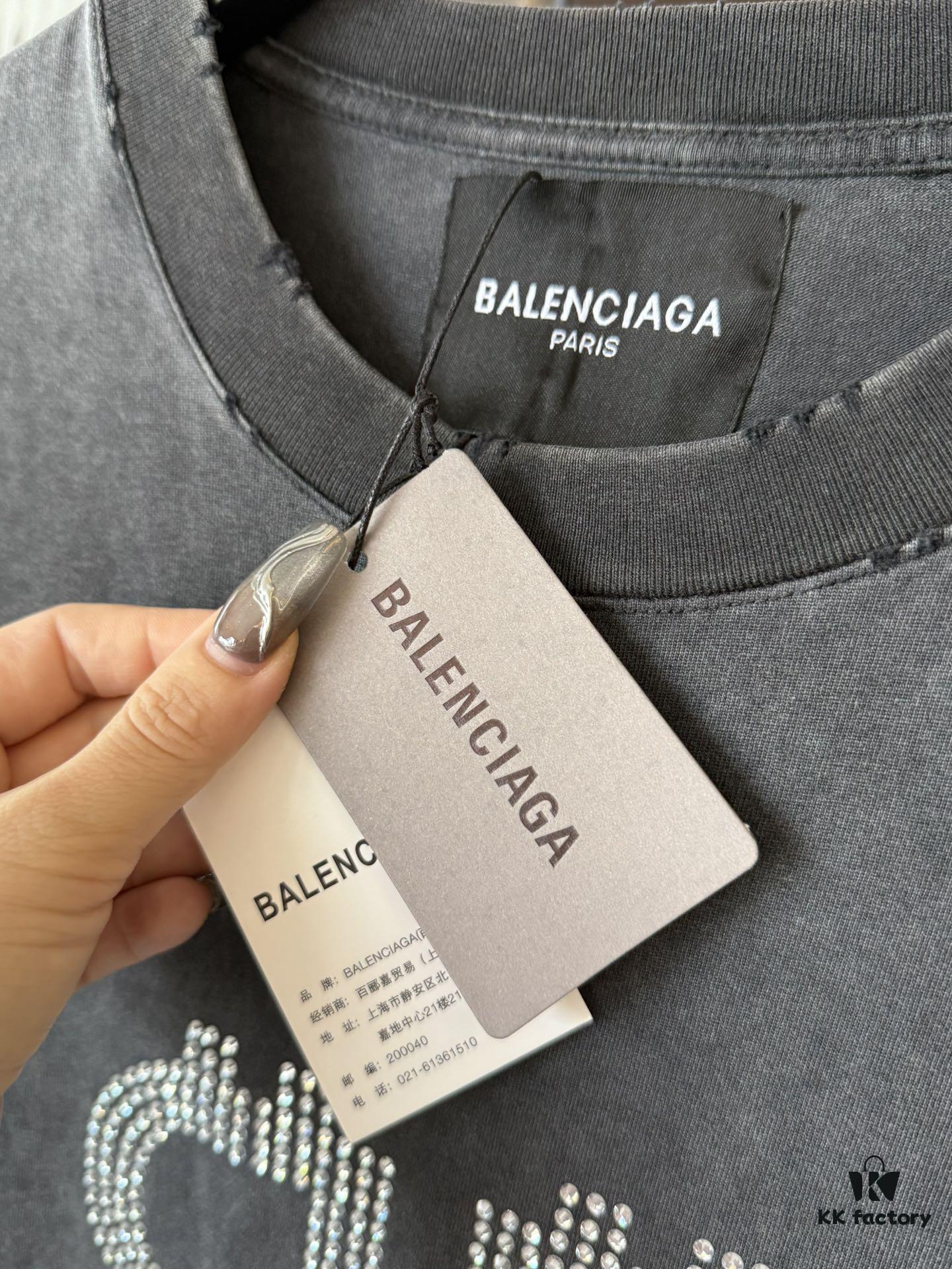 Balenciaga BB Logo Rhinestone Letter Distressed Washed T-Shirt, Premium Version (Different from Standard Stock), 250g Fabric, Multi-Tear and Ripped Wash Treatment, High-Brightness Imported Australian Rhinestones, Heat-Pressed for Durability, Loose Fit Unisex Short Sleeve Tee