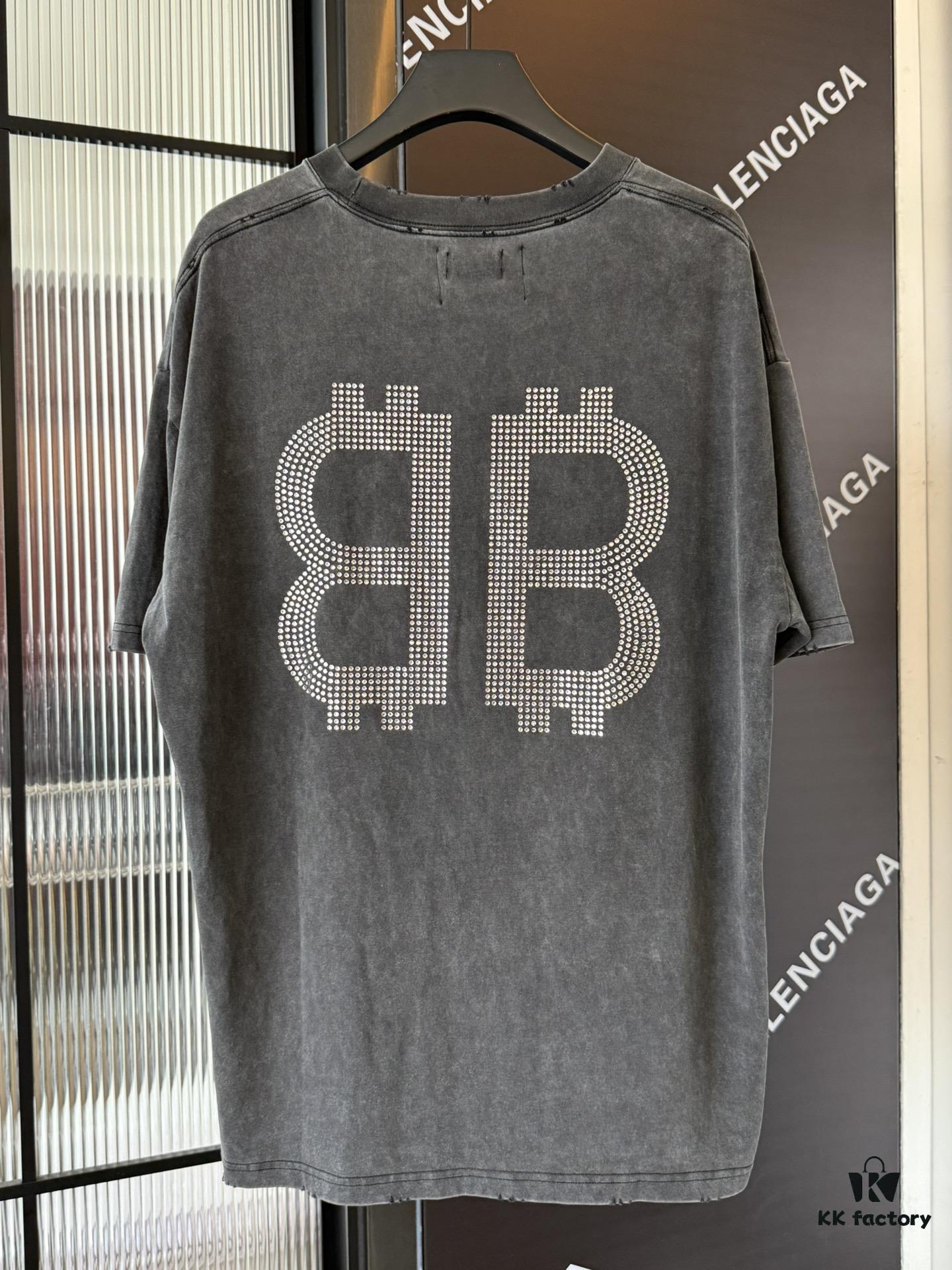 Balenciaga BB Logo Rhinestone Letter Distressed Washed T-Shirt, Premium Version (Different from Standard Stock), 250g Fabric, Multi-Tear and Ripped Wash Treatment, High-Brightness Imported Australian Rhinestones, Heat-Pressed for Durability, Loose Fit Unisex Short Sleeve Tee