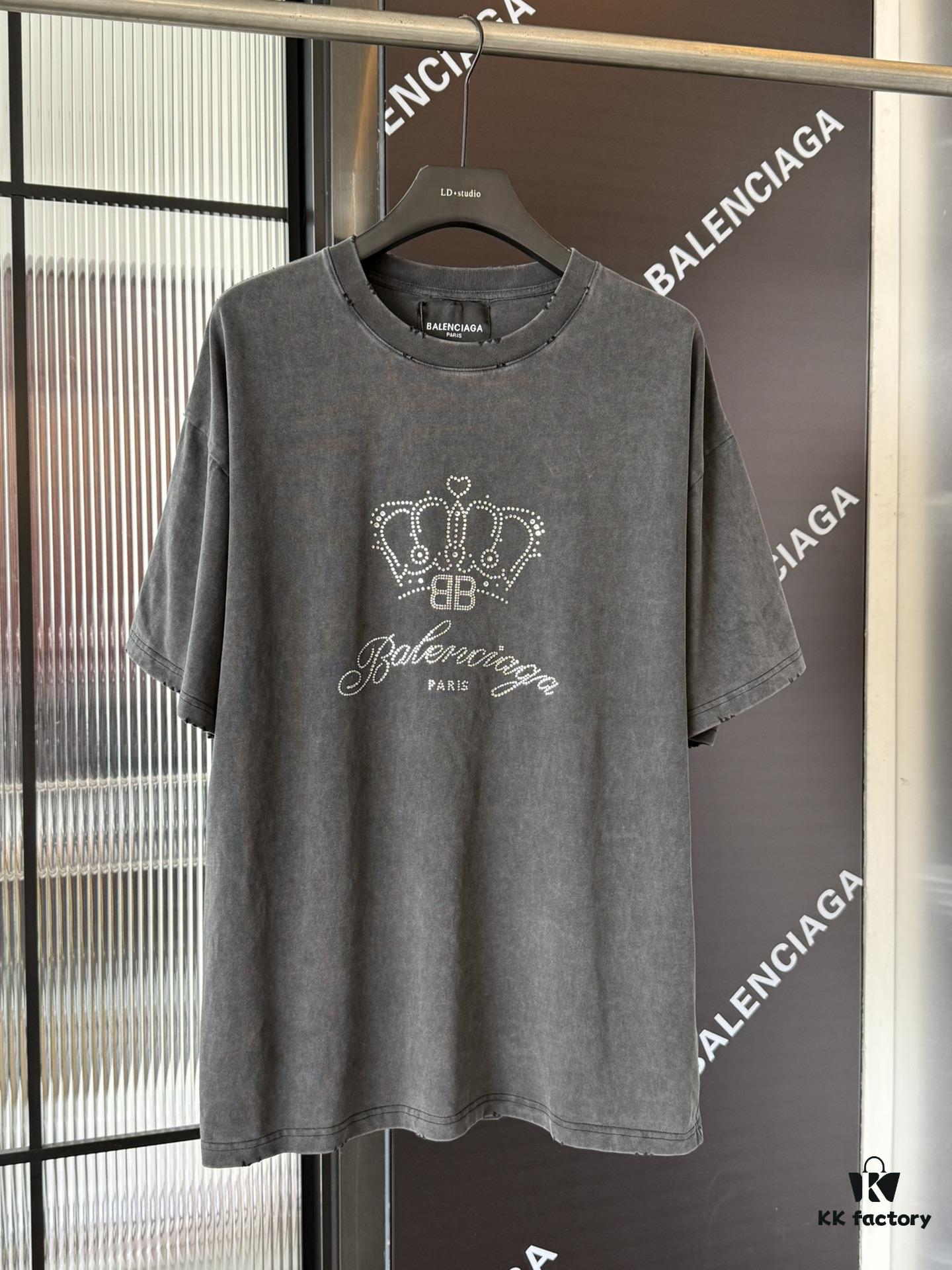Balenciaga Crown BB Logo Rhinestone Embellished Distressed Washed T-Shirt, Premium Version (Different from Standard Stock), 250g Fabric with Multi-Tear and Cut-Out Wash Treatment, Imported Australian Rhinestones, Heat-Pressed for Durability, High Shine, Loose Fit Unisex Design