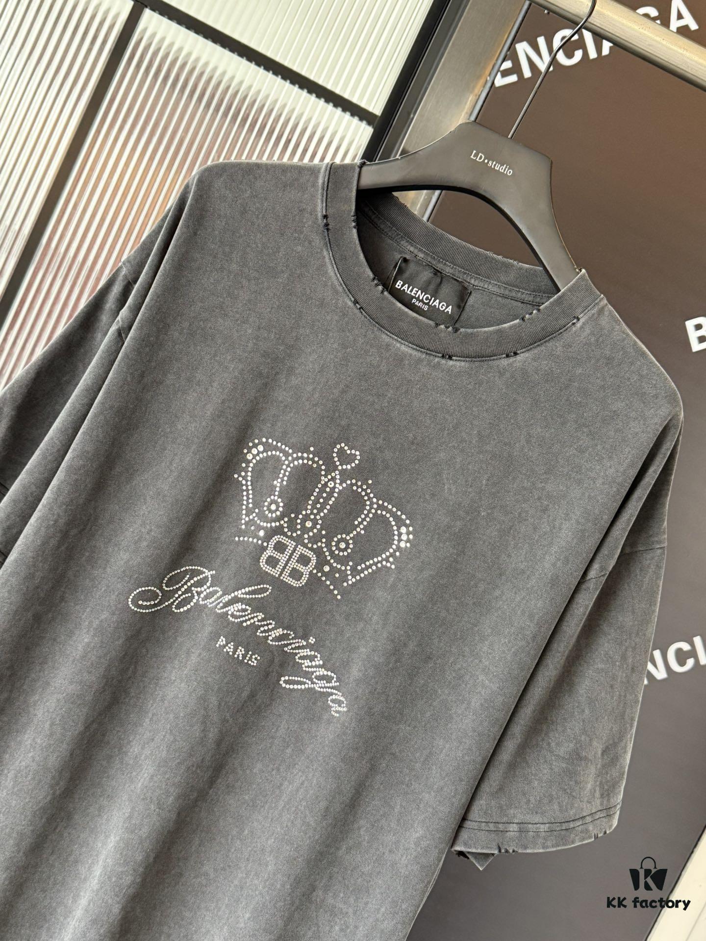 Balenciaga Crown BB Logo Rhinestone Embellished Distressed Washed T-Shirt, Premium Version (Different from Standard Stock), 250g Fabric with Multi-Tear and Cut-Out Wash Treatment, Imported Australian Rhinestones, Heat-Pressed for Durability, High Shine, Loose Fit Unisex Design
