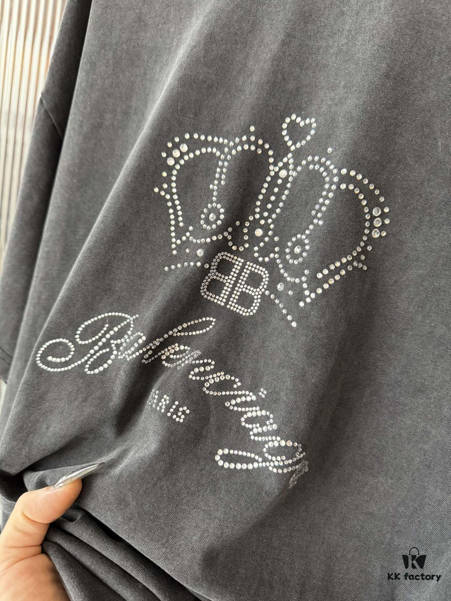 Balenciaga Crown BB Logo Rhinestone Embellished Distressed Washed T-Shirt, Premium Version (Different from Standard Stock), 250g Fabric with Multi-Tear and Cut-Out Wash Treatment, Imported Australian Rhinestones, Heat-Pressed for Durability, High Shine, Loose Fit Unisex Design