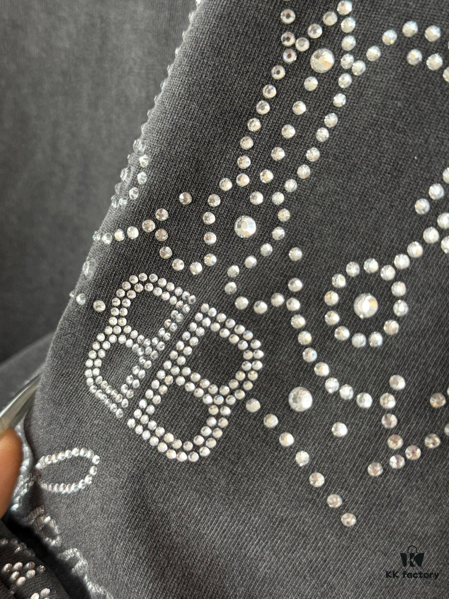 Balenciaga Crown BB Logo Rhinestone Embellished Distressed Washed T-Shirt, Premium Version (Different from Standard Stock), 250g Fabric with Multi-Tear and Cut-Out Wash Treatment, Imported Australian Rhinestones, Heat-Pressed for Durability, High Shine, Loose Fit Unisex Design