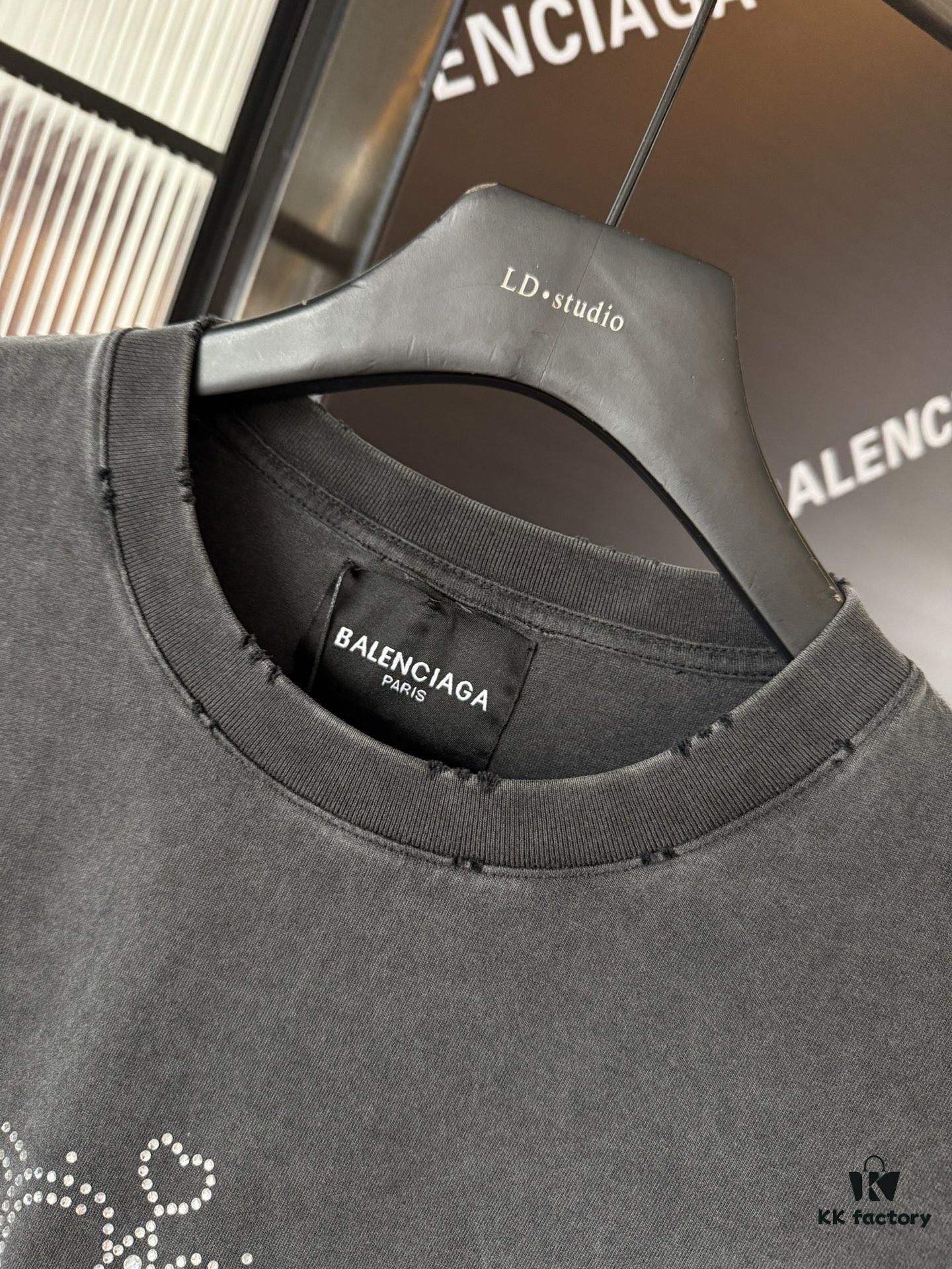 Balenciaga Crown BB Logo Rhinestone Embellished Distressed Washed T-Shirt, Premium Version (Different from Standard Stock), 250g Fabric with Multi-Tear and Cut-Out Wash Treatment, Imported Australian Rhinestones, Heat-Pressed for Durability, High Shine, Loose Fit Unisex Design