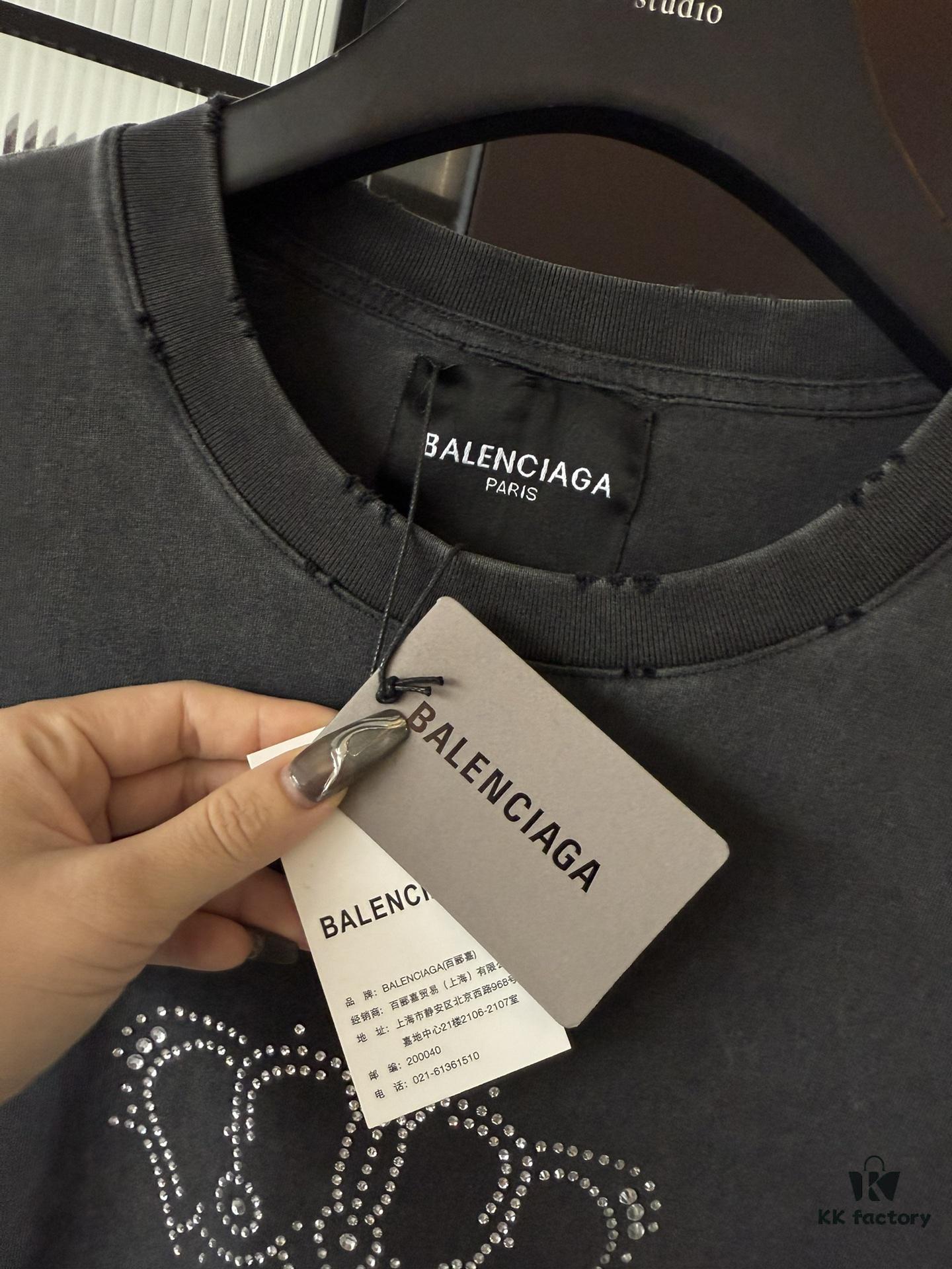 Balenciaga Crown BB Logo Rhinestone Embellished Distressed Washed T-Shirt, Premium Version (Different from Standard Stock), 250g Fabric with Multi-Tear and Cut-Out Wash Treatment, Imported Australian Rhinestones, Heat-Pressed for Durability, High Shine, Loose Fit Unisex Design