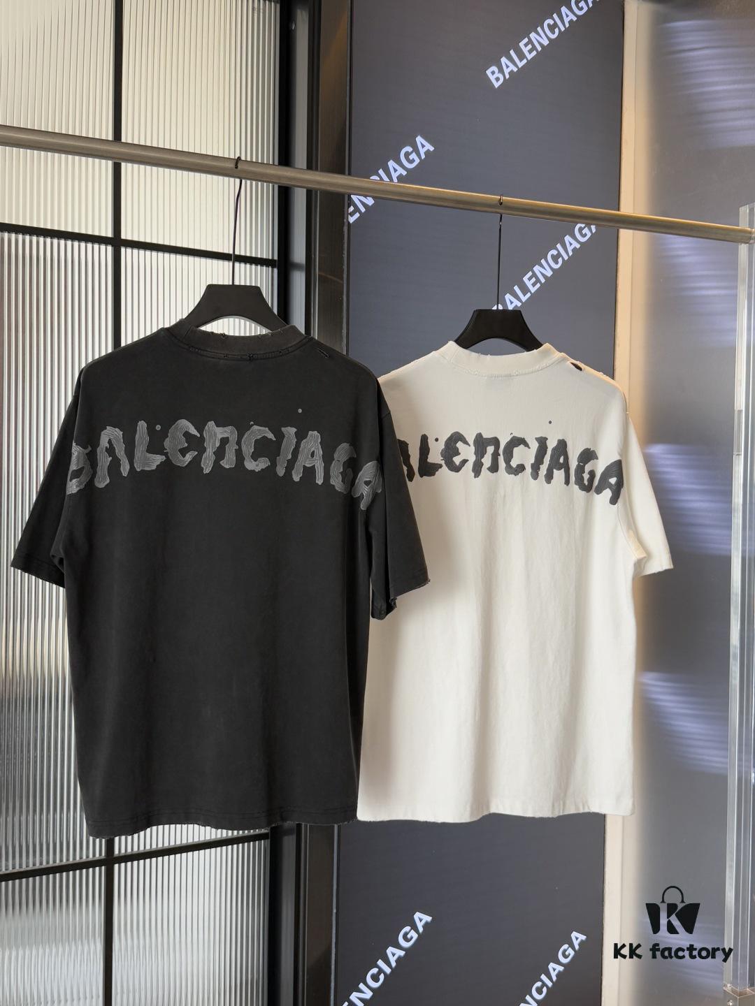Balenciaga 25SS New Arrival Letter Tape Print Distressed Washed Ripped Unisex Cotton Oversized Short Sleeve T-Shirt (Top-Tier Version, Distinguished from Standard Market Goods)