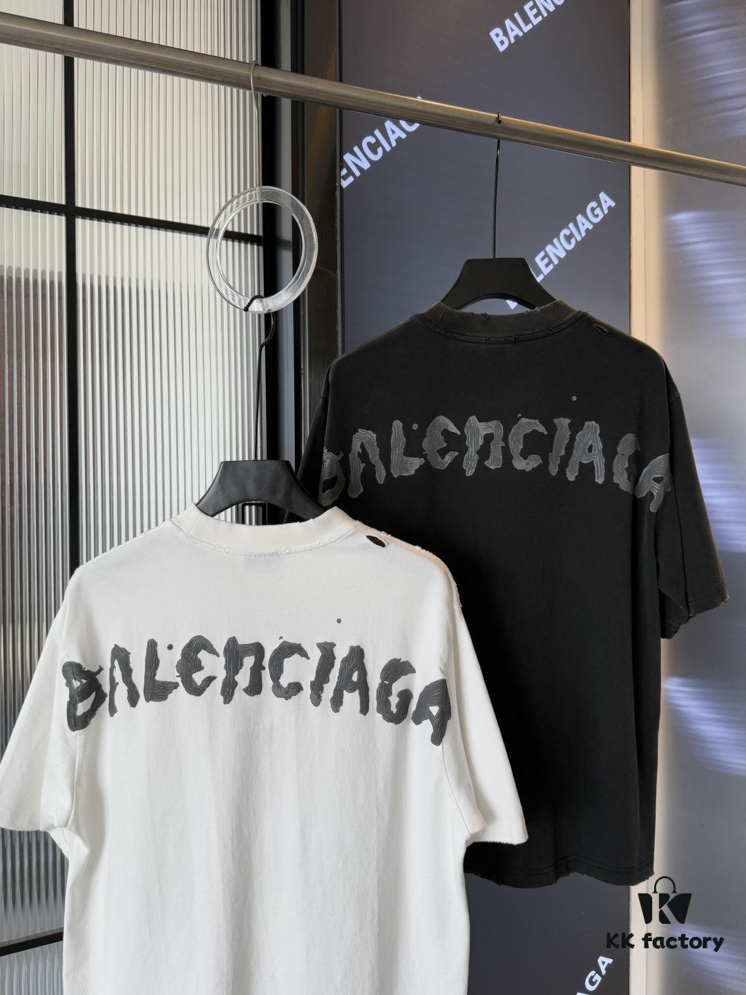 Balenciaga 25SS New Arrival Letter Tape Print Distressed Washed Ripped Unisex Cotton Oversized Short Sleeve T-Shirt (Top-Tier Version, Distinguished from Standard Market Goods)