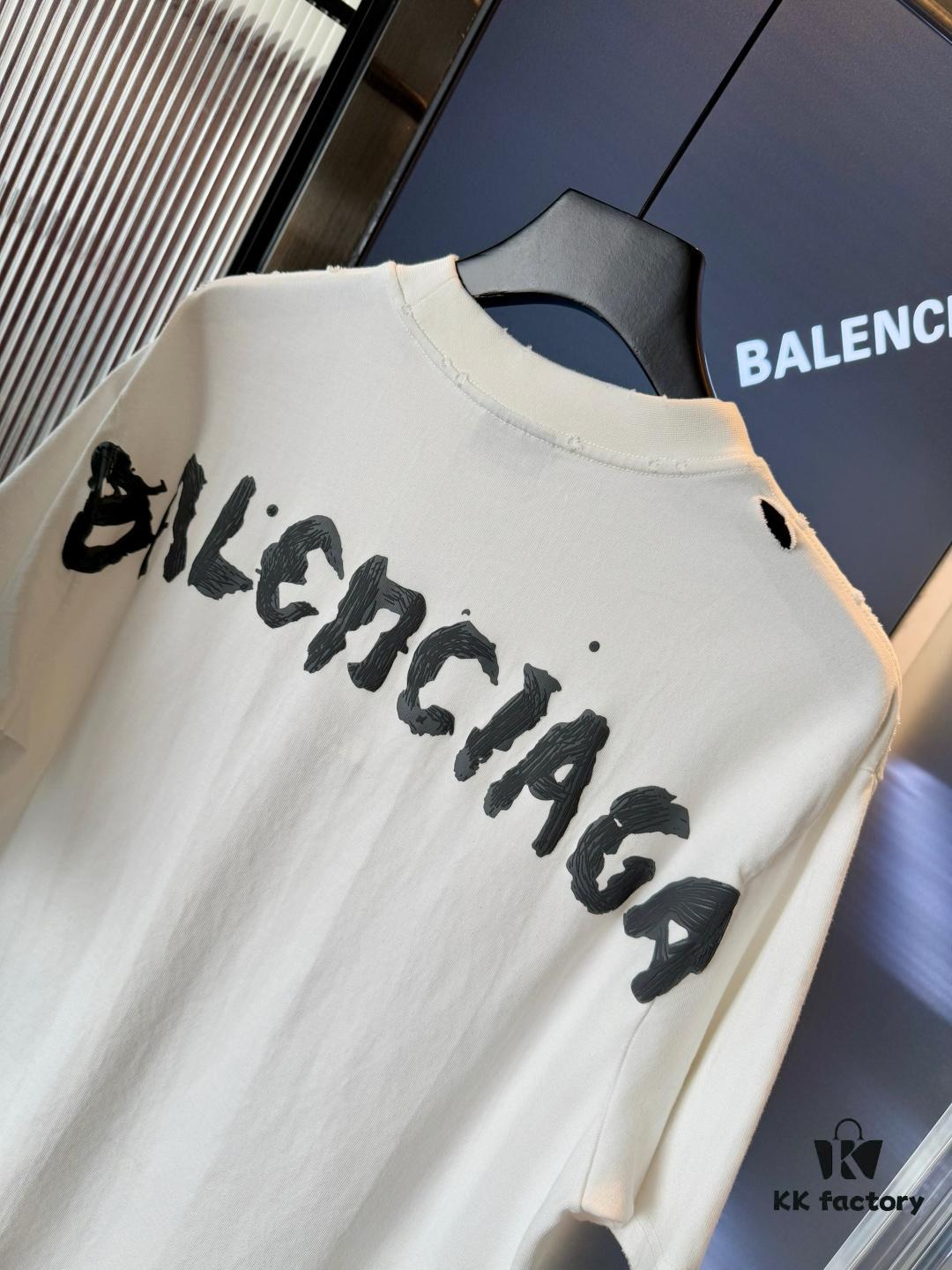 Balenciaga 25SS New Arrival Letter Tape Print Distressed Washed Ripped Unisex Cotton Oversized Short Sleeve T-Shirt (Top-Tier Version, Distinguished from Standard Market Goods)
