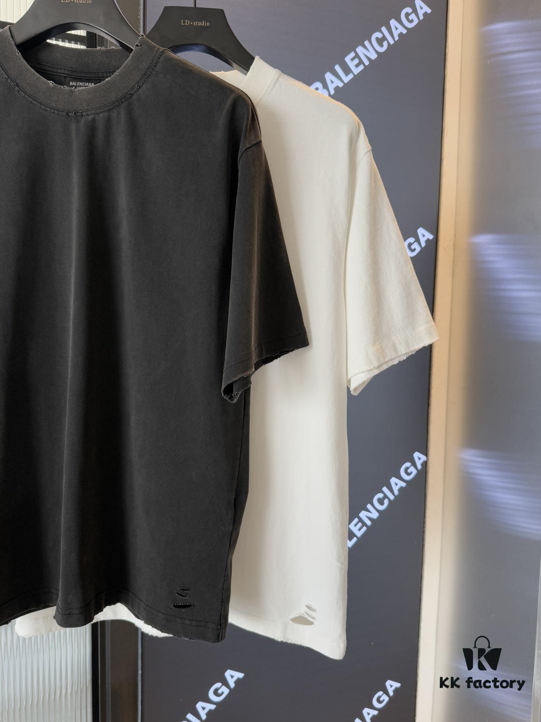 Balenciaga 25SS New Arrival Letter Tape Print Distressed Washed Ripped Unisex Cotton Oversized Short Sleeve T-Shirt (Top-Tier Version, Distinguished from Standard Market Goods)