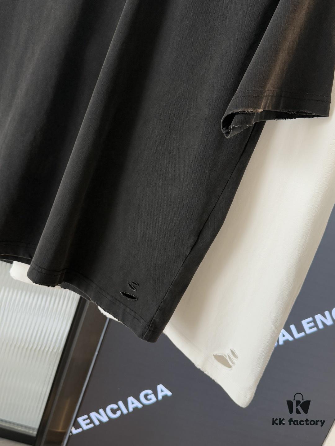 Balenciaga 25SS New Arrival Letter Tape Print Distressed Washed Ripped Unisex Cotton Oversized Short Sleeve T-Shirt (Top-Tier Version, Distinguished from Standard Market Goods)