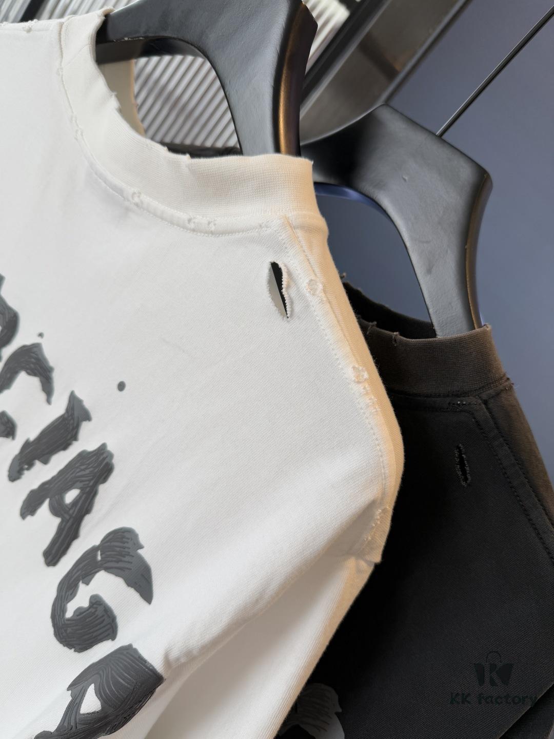 Balenciaga 25SS New Arrival Letter Tape Print Distressed Washed Ripped Unisex Cotton Oversized Short Sleeve T-Shirt (Top-Tier Version, Distinguished from Standard Market Goods)