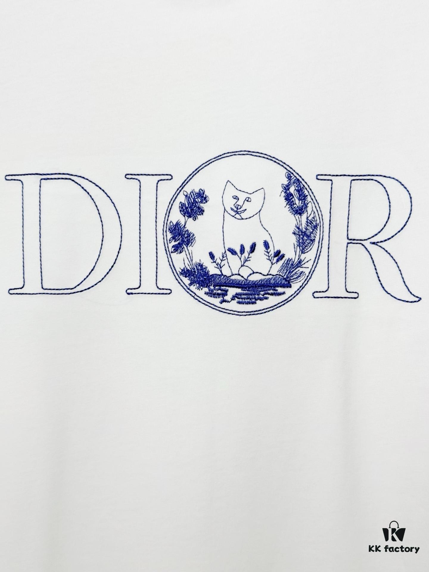 Dior Collaboration Embroidered Cat Short Sleeve T-Shirt