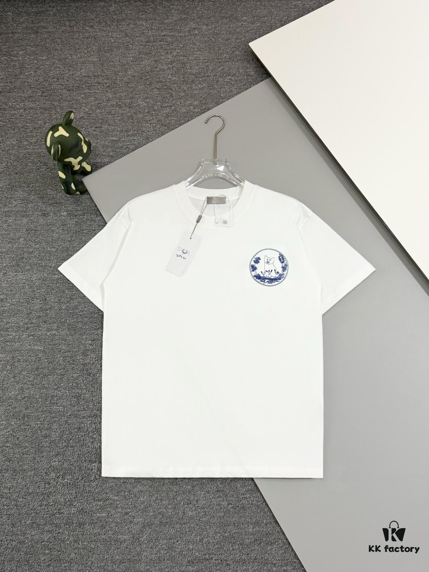High Version Dior Collaboration Embroidered Cat Short Sleeve T-Shirt