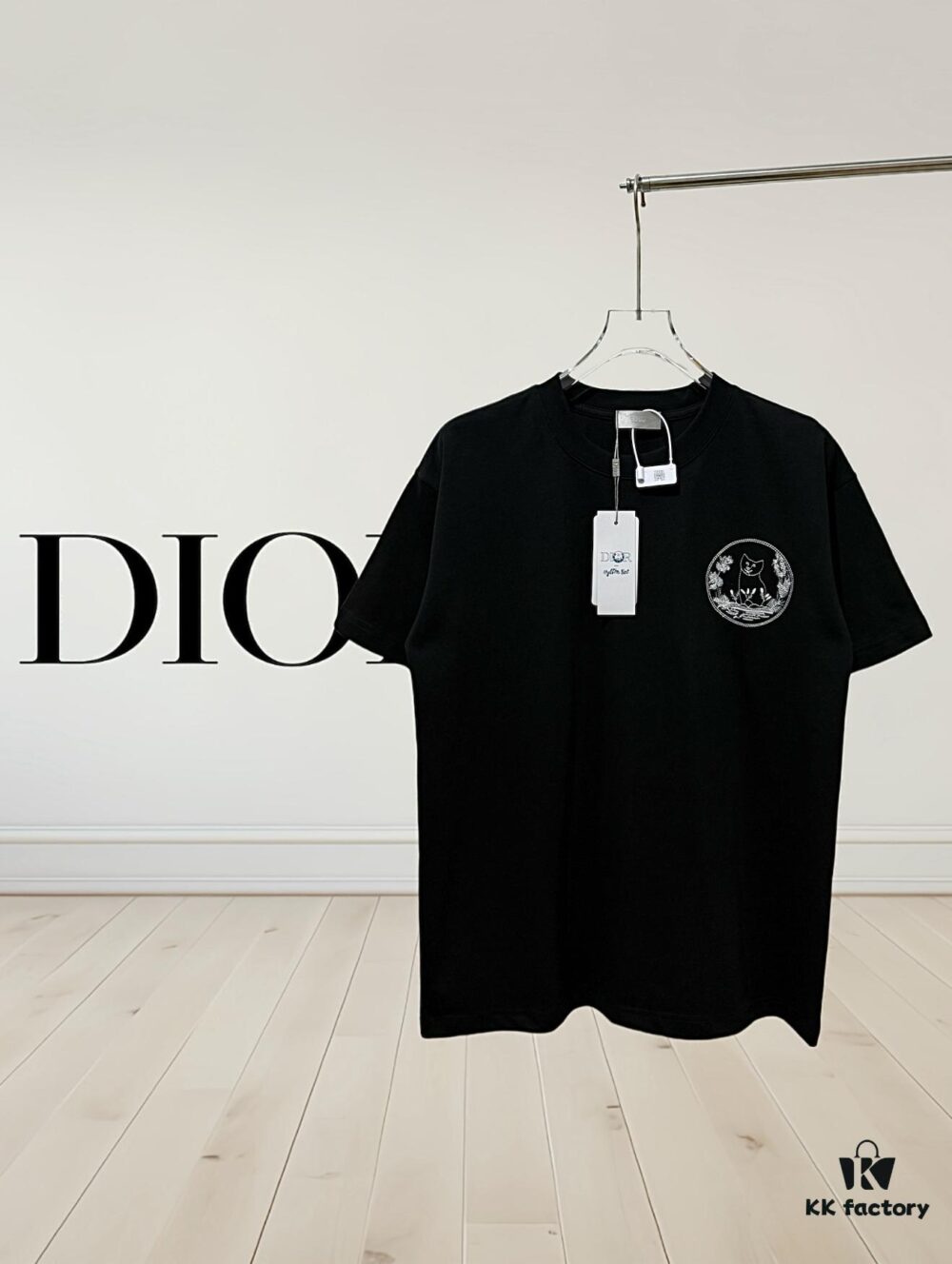 Dior Collaborative Embroidered Cat Short Sleeve T-Shirt in Premium Washed Cotton