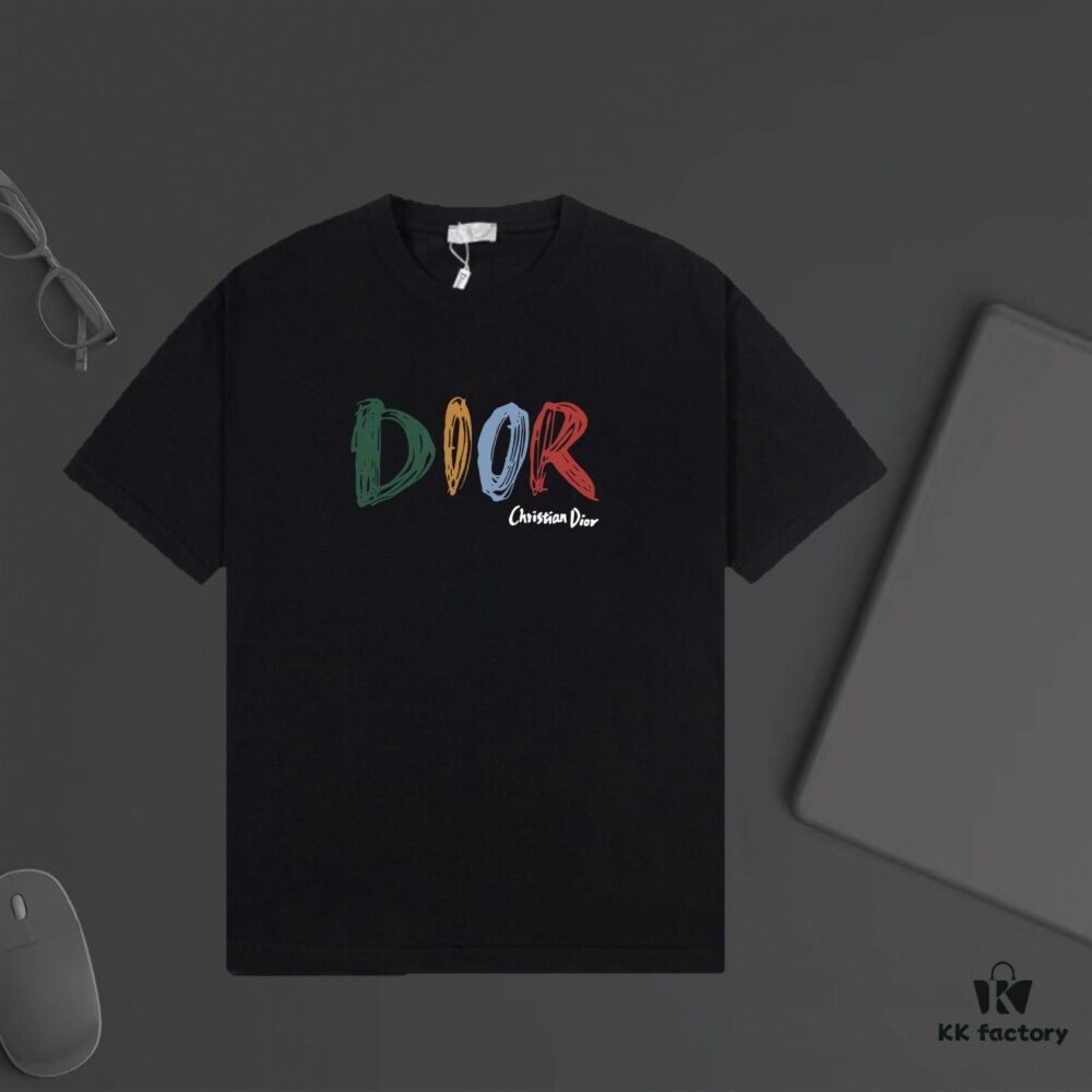 DIOR Letter Print Two-Tone Short Sleeve T-Shirt, Premium 240g Dyed Fabric, Unisex Fashion Comfortable Tee
