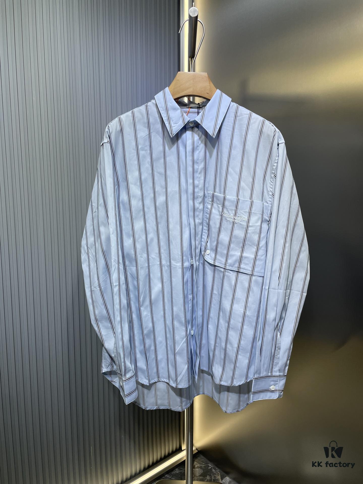 DR🔥Dior Men's Collection Fashion Show Debut, Stylishly Tailored Blue Striped Cotton Workwear-Inspired Oversized Jacket with Christian Couture Embroidery, Unisex Design