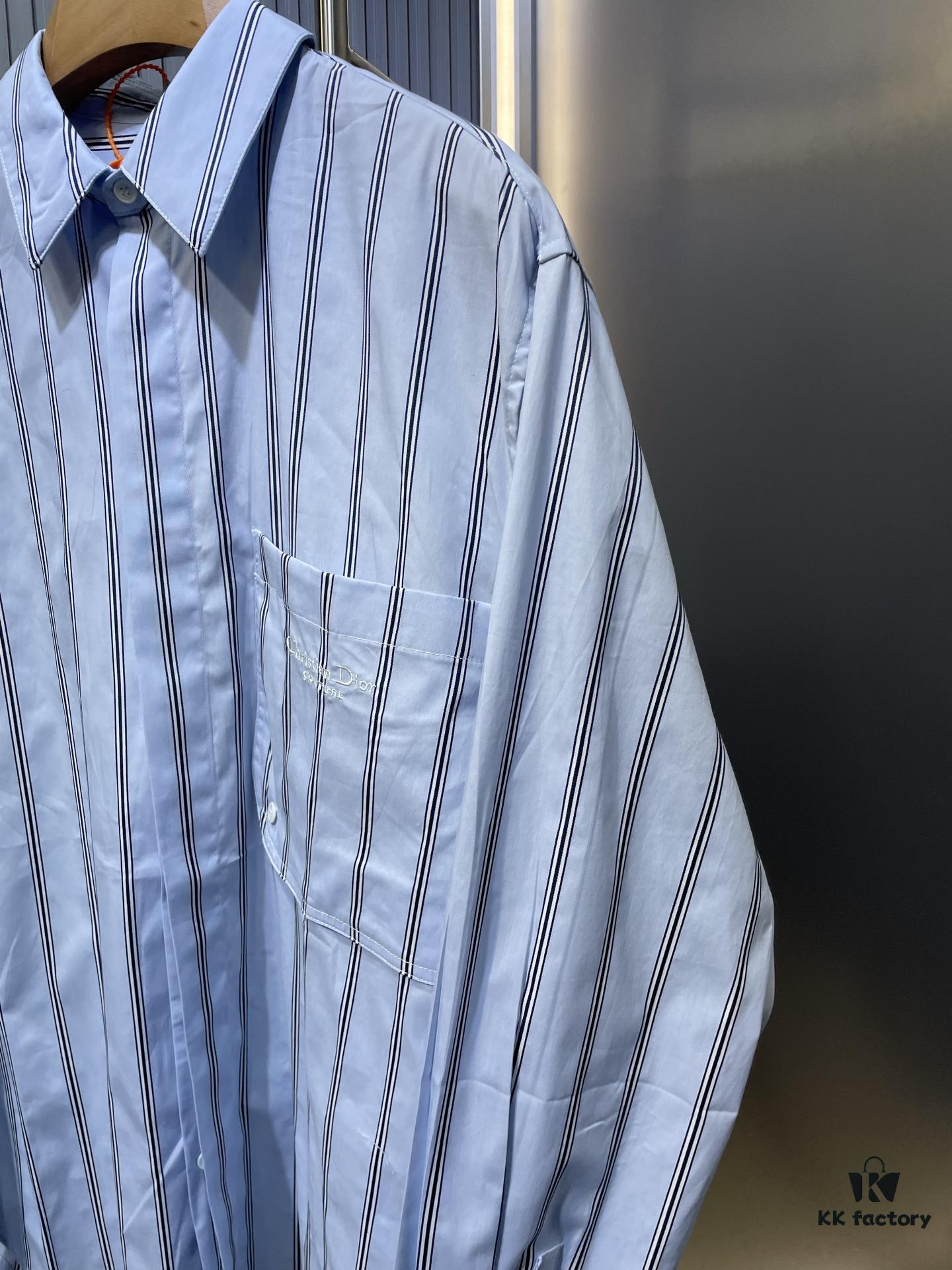 DR🔥Dior Men's Collection Fashion Show Debut, Stylishly Tailored Blue Striped Cotton Workwear-Inspired Oversized Jacket with Christian Couture Embroidery, Unisex Design