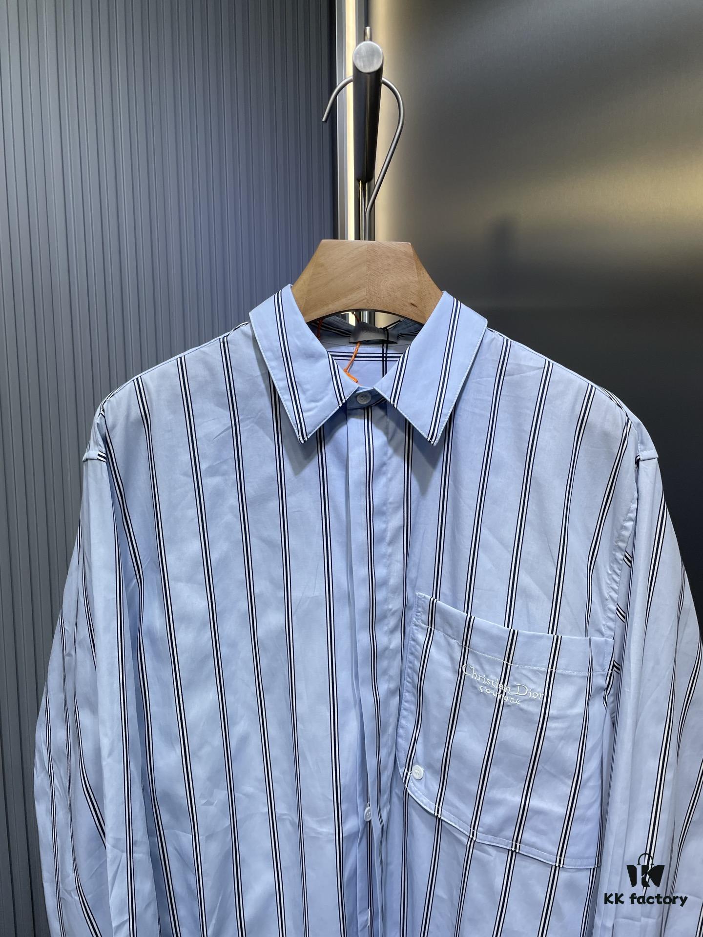 DR🔥Dior Men's Collection Fashion Show Debut, Stylishly Tailored Blue Striped Cotton Workwear-Inspired Oversized Jacket with Christian Couture Embroidery, Unisex Design