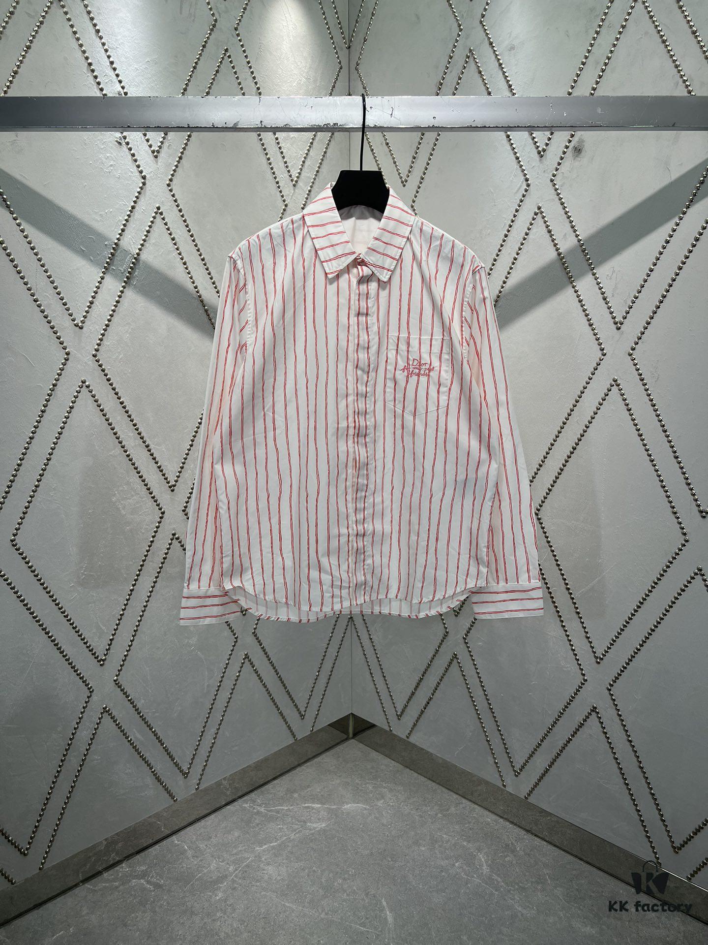 Dior 25ss New Arrival Shirt Combines Modern Style with Traditional Elegance, Crafted from White Cotton Poplin with Pink Stripes, Featuring the Dior For My Real Friends Logo from the DIOR AND HYLTON NEL Collaboration Series