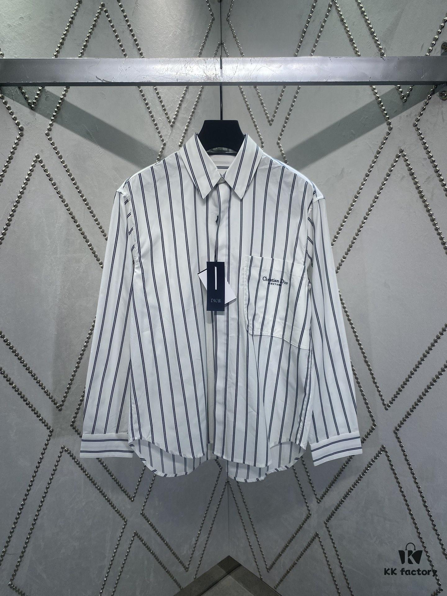 Dior 24SS New Arrival Shirt Featured in Dior's Winter 2024 Men's Collection Show, Fashionably Tailored to Highlight Workwear Aesthetics, Crafted from Blue Striped Cotton Fabric with a Christian Dior Couture Embroidered Chest Pocket, Oversized Fit for a Casual Style