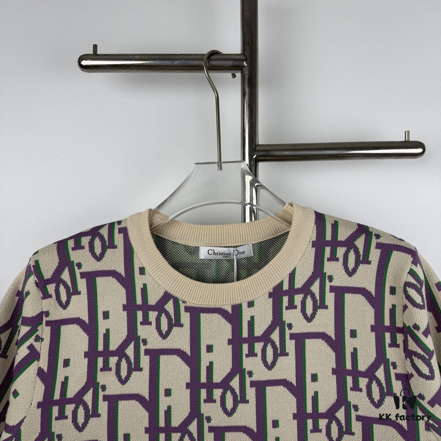 New DIOR Knit Round-Neck Sweater Full Print Jacquard Monogram Short-Sleeve Unisex T-Shirt