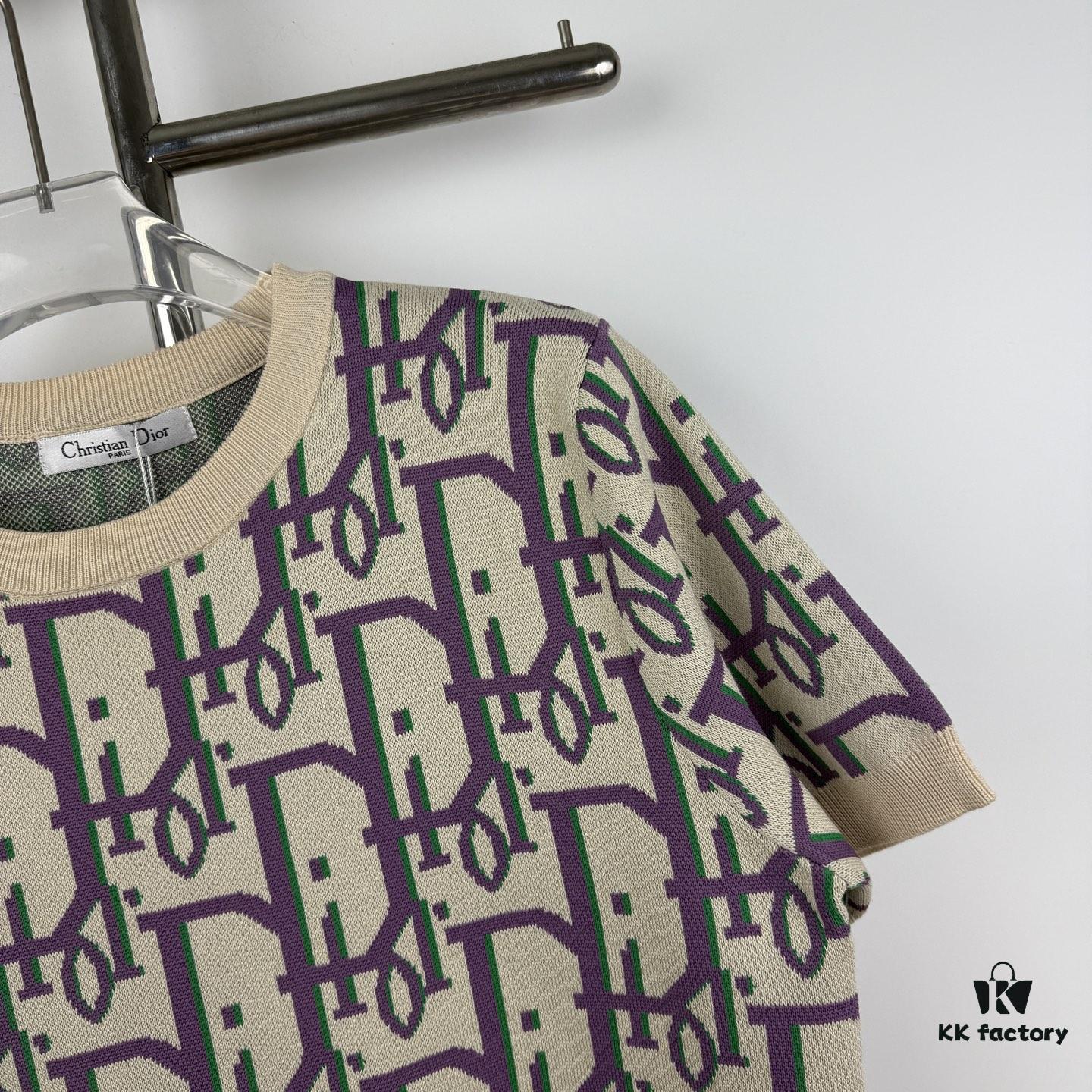 New DIOR Knit Round-Neck Sweater Full Print Jacquard Monogram Short-Sleeve Unisex T-Shirt