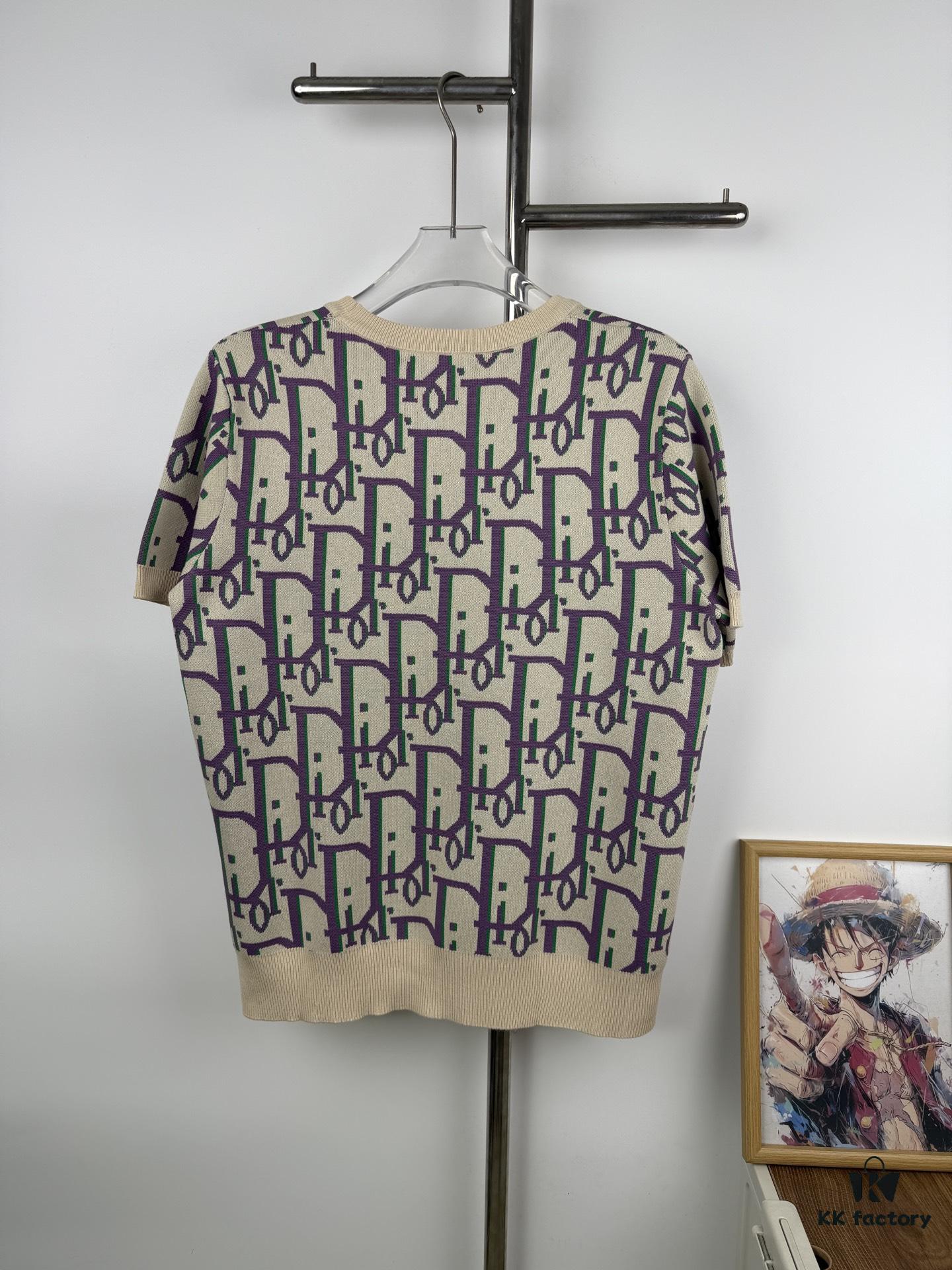 New DIOR Knit Round-Neck Sweater Full Print Jacquard Monogram Short-Sleeve Unisex T-Shirt