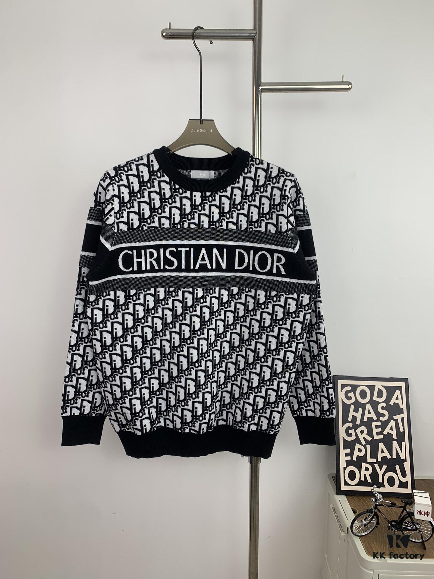 New Dior Knit Pullover Sweater with DIOR Logo Stripe Print in Contrasting Colors, Minimalist Runway Design Featuring Wool Blend and Elegant Black-and-White Aesthetic