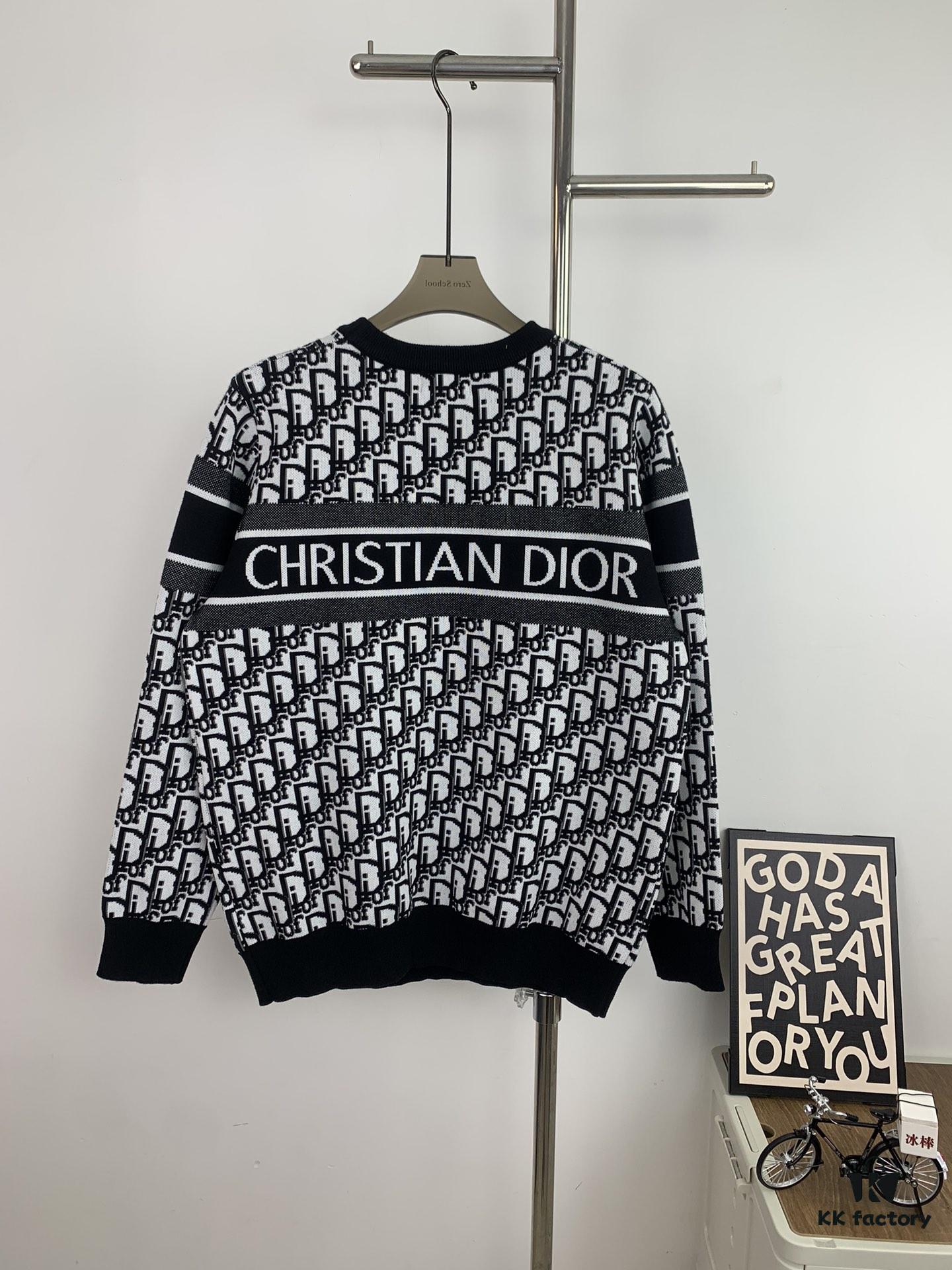 New Dior Knit Pullover Sweater with DIOR Logo Stripe Print in Contrasting Colors, Minimalist Runway Design Featuring Wool Blend and Elegant Black-and-White Aesthetic