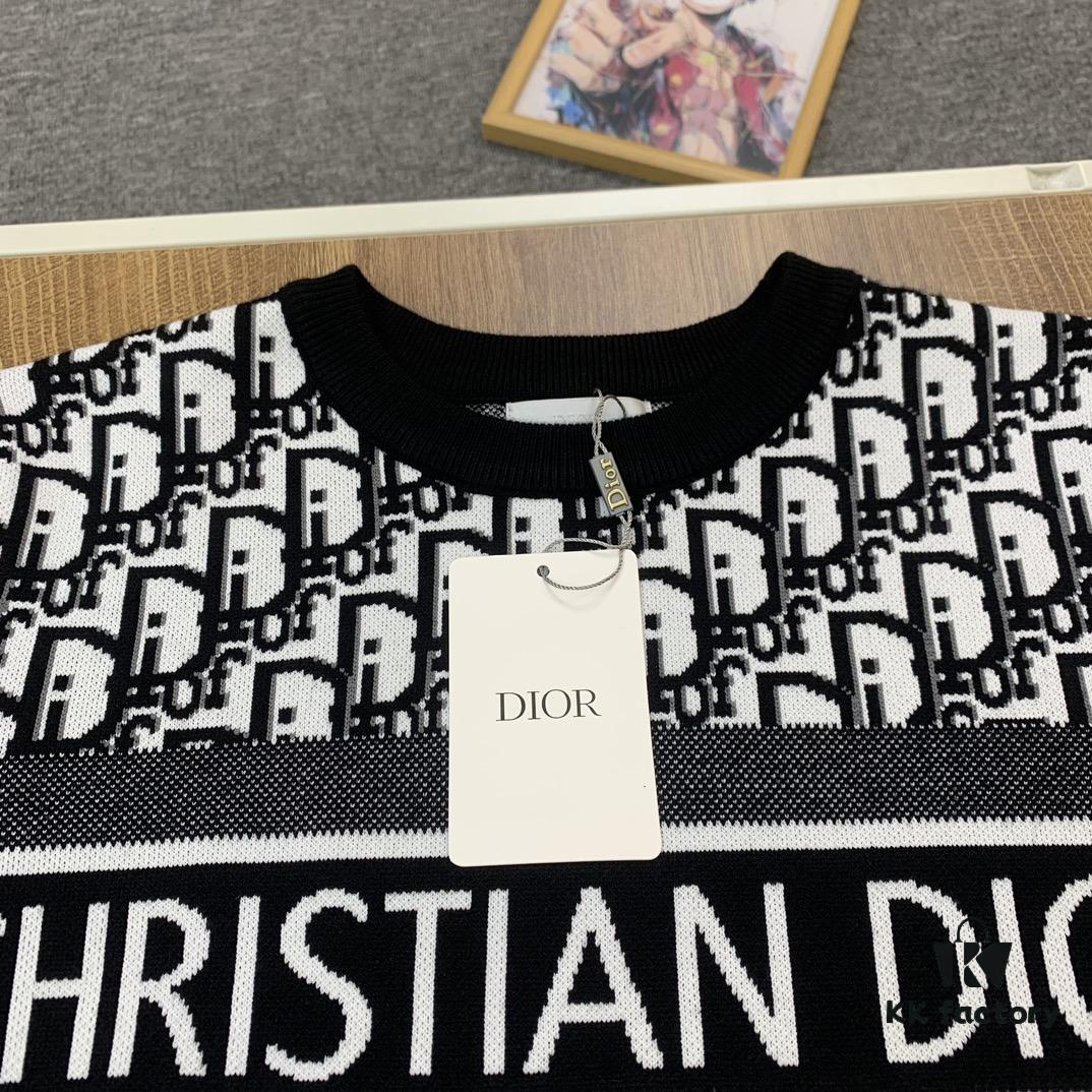 New Dior Knit Pullover Sweater with DIOR Logo Stripe Print in Contrasting Colors, Minimalist Runway Design Featuring Wool Blend and Elegant Black-and-White Aesthetic