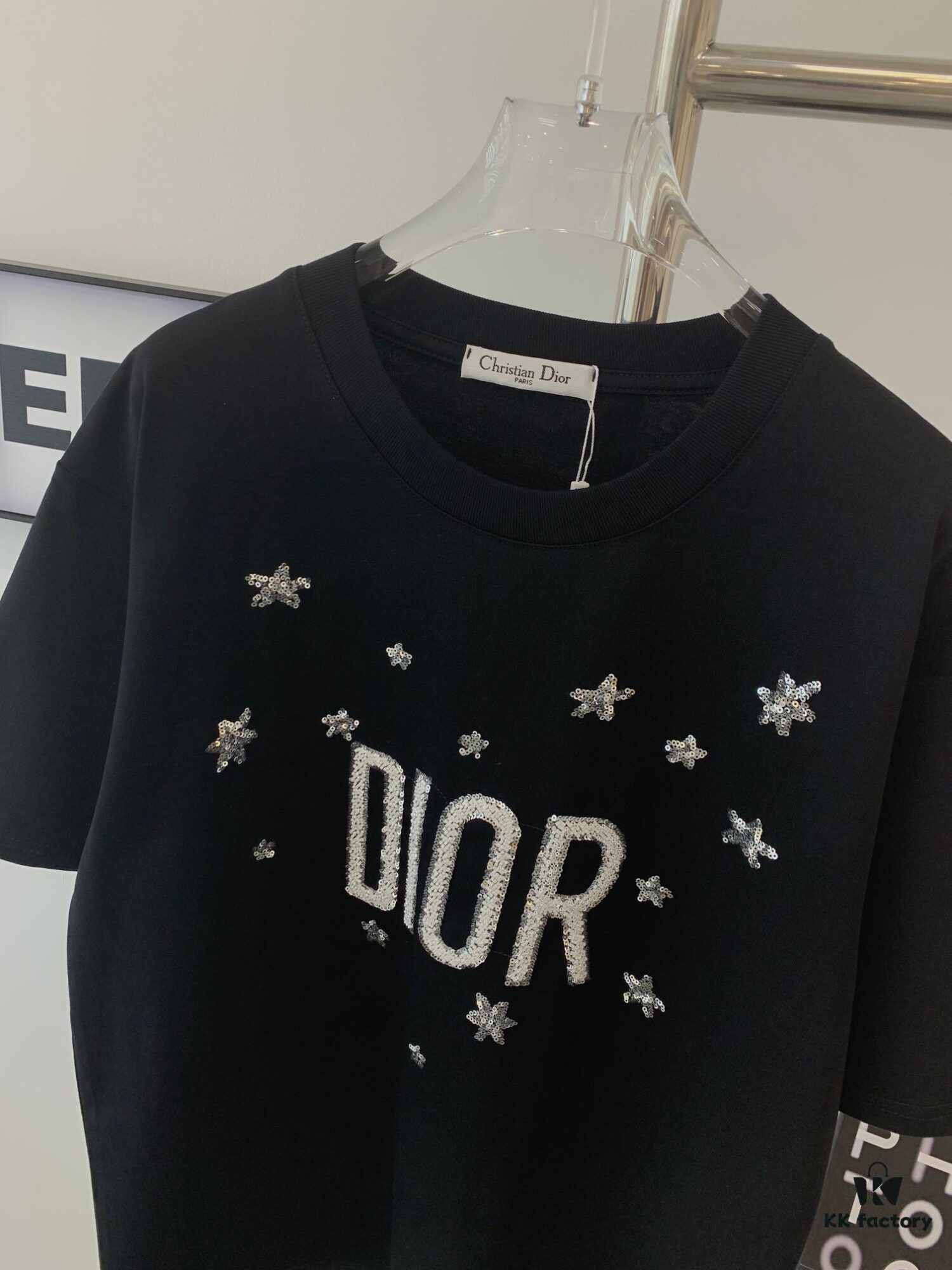 New Dior Short-Sleeve T-Shirt with Heavy Embroidered Stars and Lettering