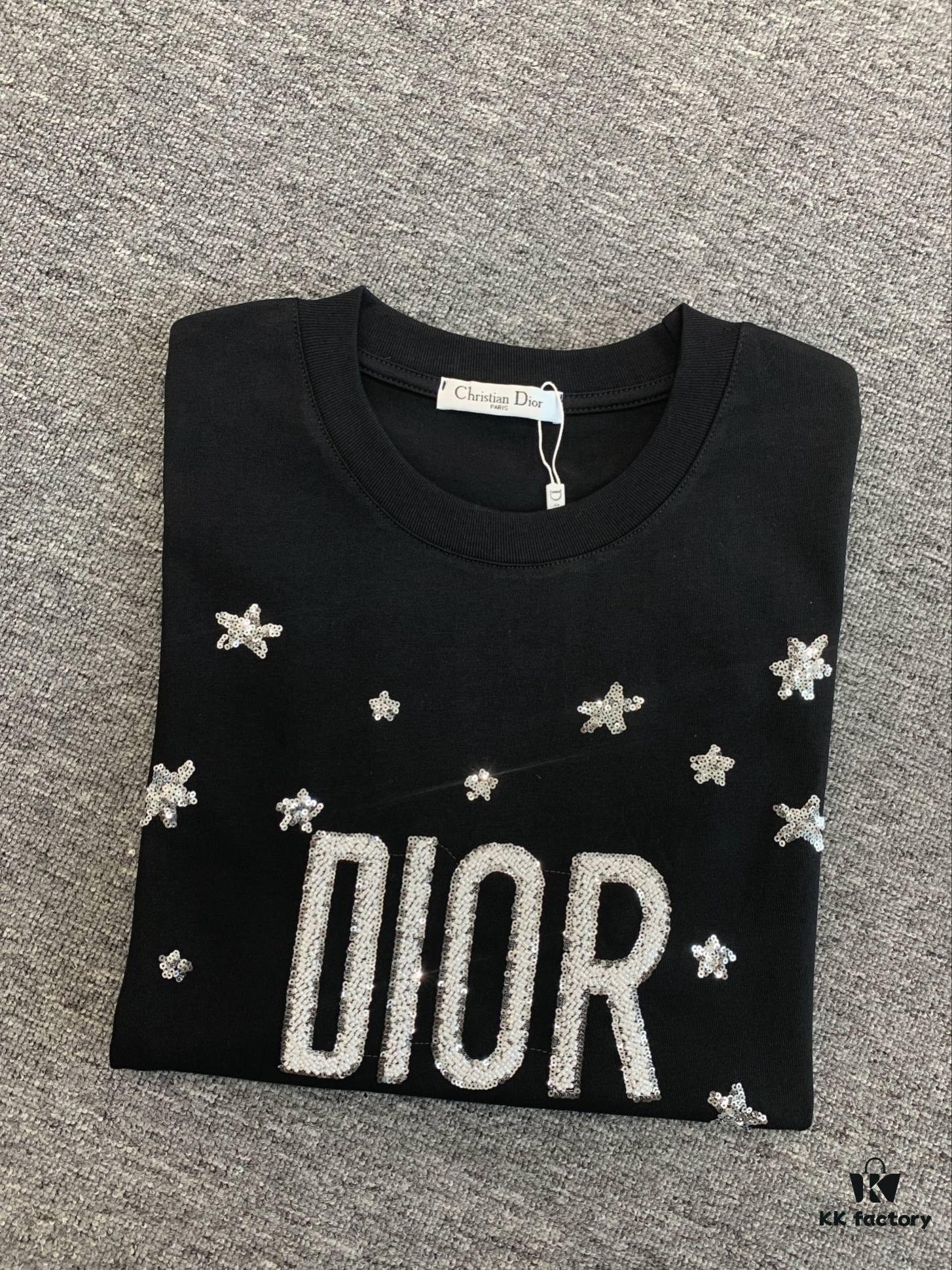 New Dior Short-Sleeve T-Shirt with Heavy Embroidered Stars and Lettering