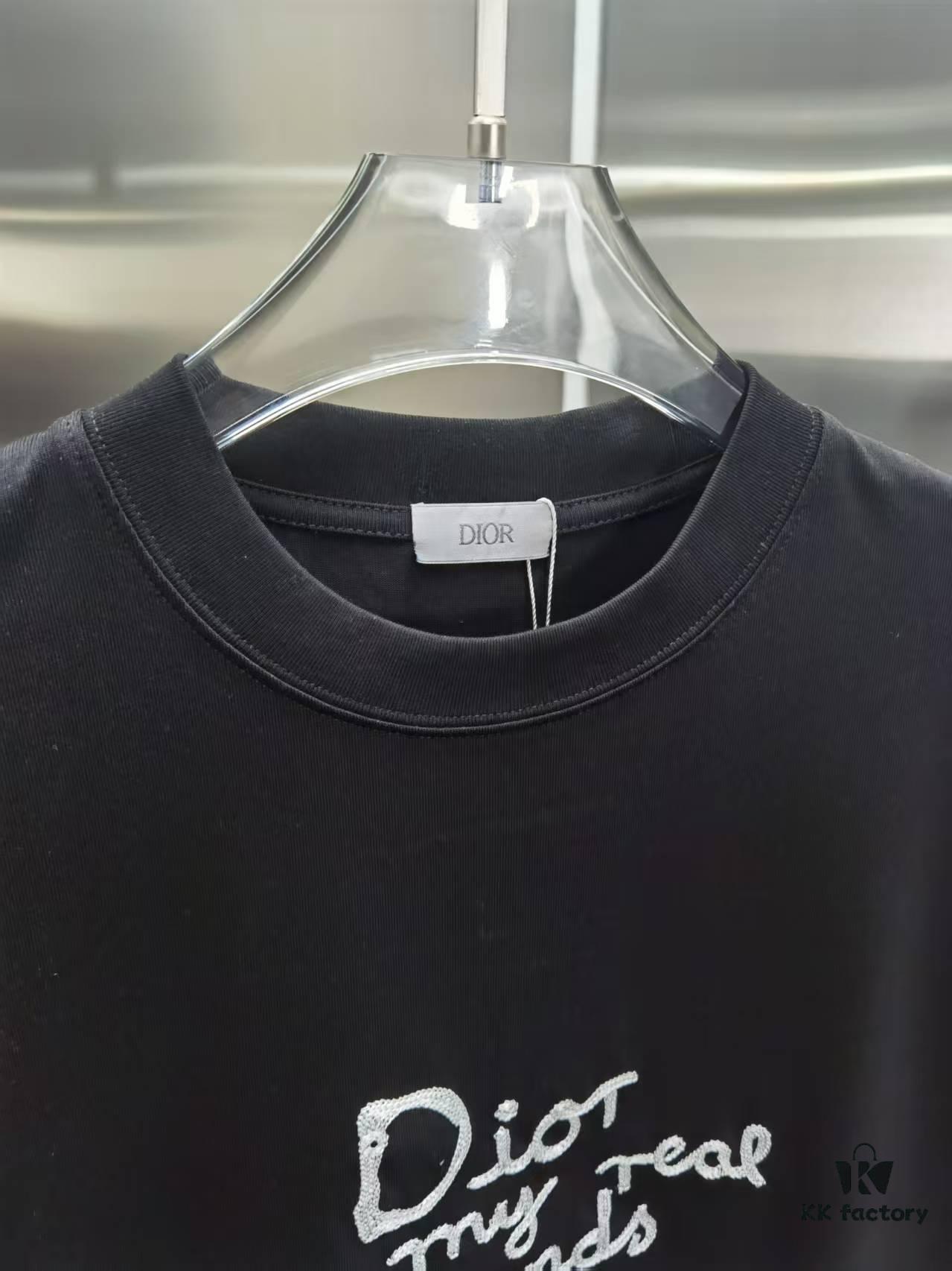 Dior D'Or (Embroidered Top-tier Version, Distinct from Standard Stock) Short Sleeve T-Shirt, 300g Double-combed 100% Cotton, 320g Selanur 1x1 Ribbing, Embroidery Logo Craftsmanship, Unisex Design