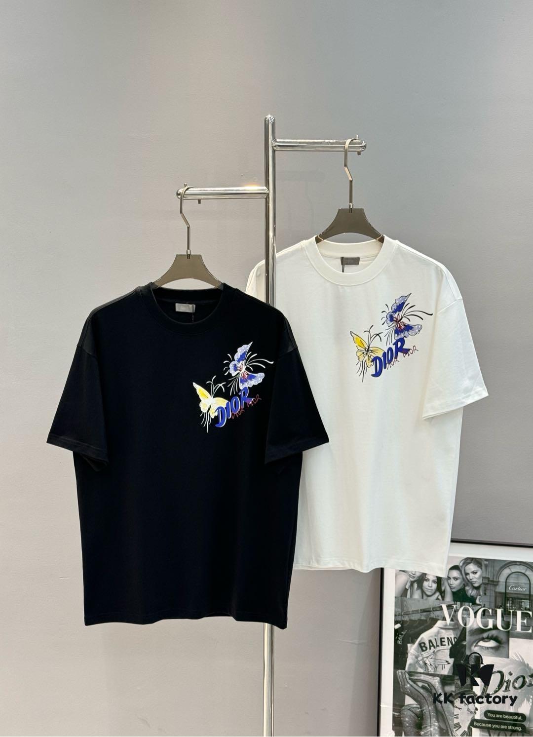 DIO*R DIOR 25s New Couple Round Neck T-Shirt with Fresh Butterfly Effect Print, 260g 100% Premium Cotton, Soft and Elastic Fabric, Crisp and Vivid Design, Comfortable, Breathable, Ideal for Daily Wear or Layering