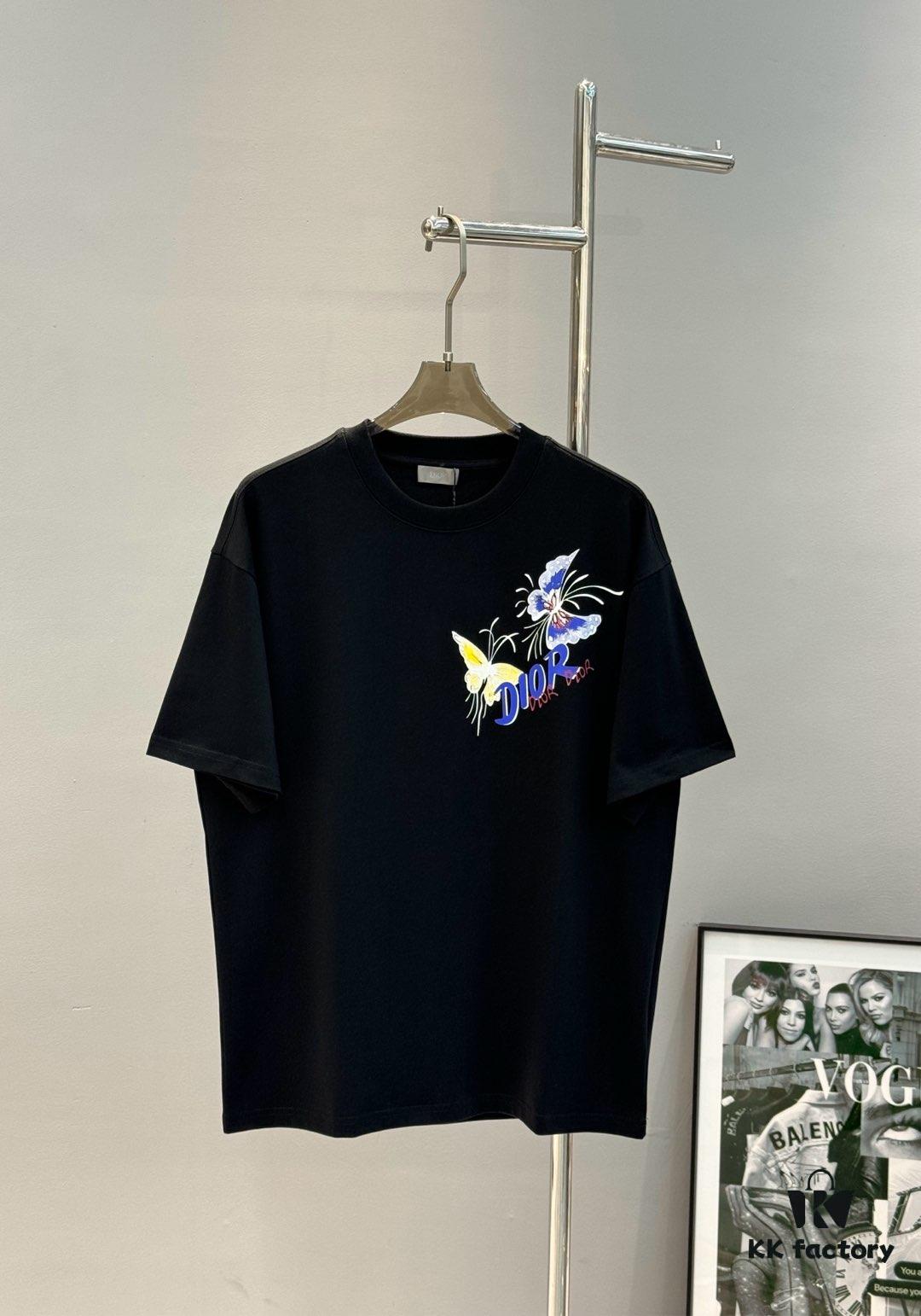 DIO*R DIOR 25s New Couple Round Neck T-Shirt with Fresh Butterfly Effect Print, 260g 100% Premium Cotton, Soft and Elastic Fabric, Crisp and Vivid Design, Comfortable, Breathable, Ideal for Daily Wear or Layering