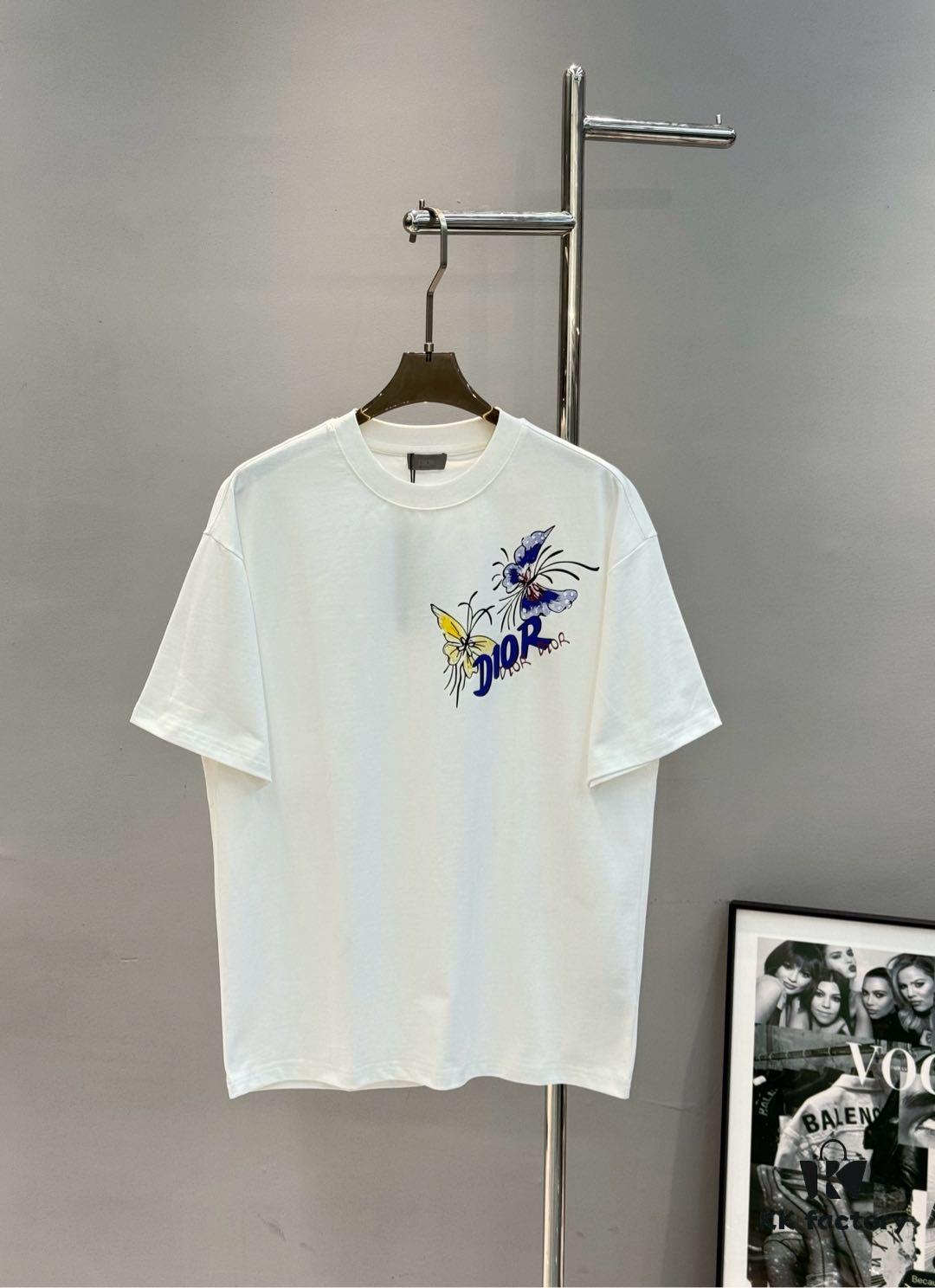 DIO*R DIOR 25s New Couple Round Neck T-Shirt with Fresh Butterfly Effect Print, 260g 100% Premium Cotton, Soft and Elastic Fabric, Crisp and Vivid Design, Comfortable, Breathable, Ideal for Daily Wear or Layering