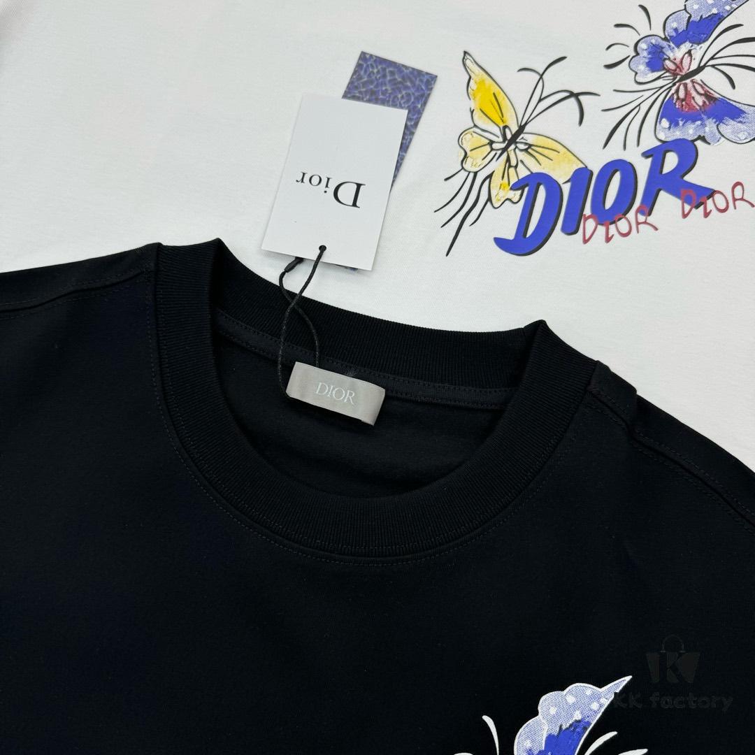DIO*R DIOR 25s New Couple Round Neck T-Shirt with Fresh Butterfly Effect Print, 260g 100% Premium Cotton, Soft and Elastic Fabric, Crisp and Vivid Design, Comfortable, Breathable, Ideal for Daily Wear or Layering